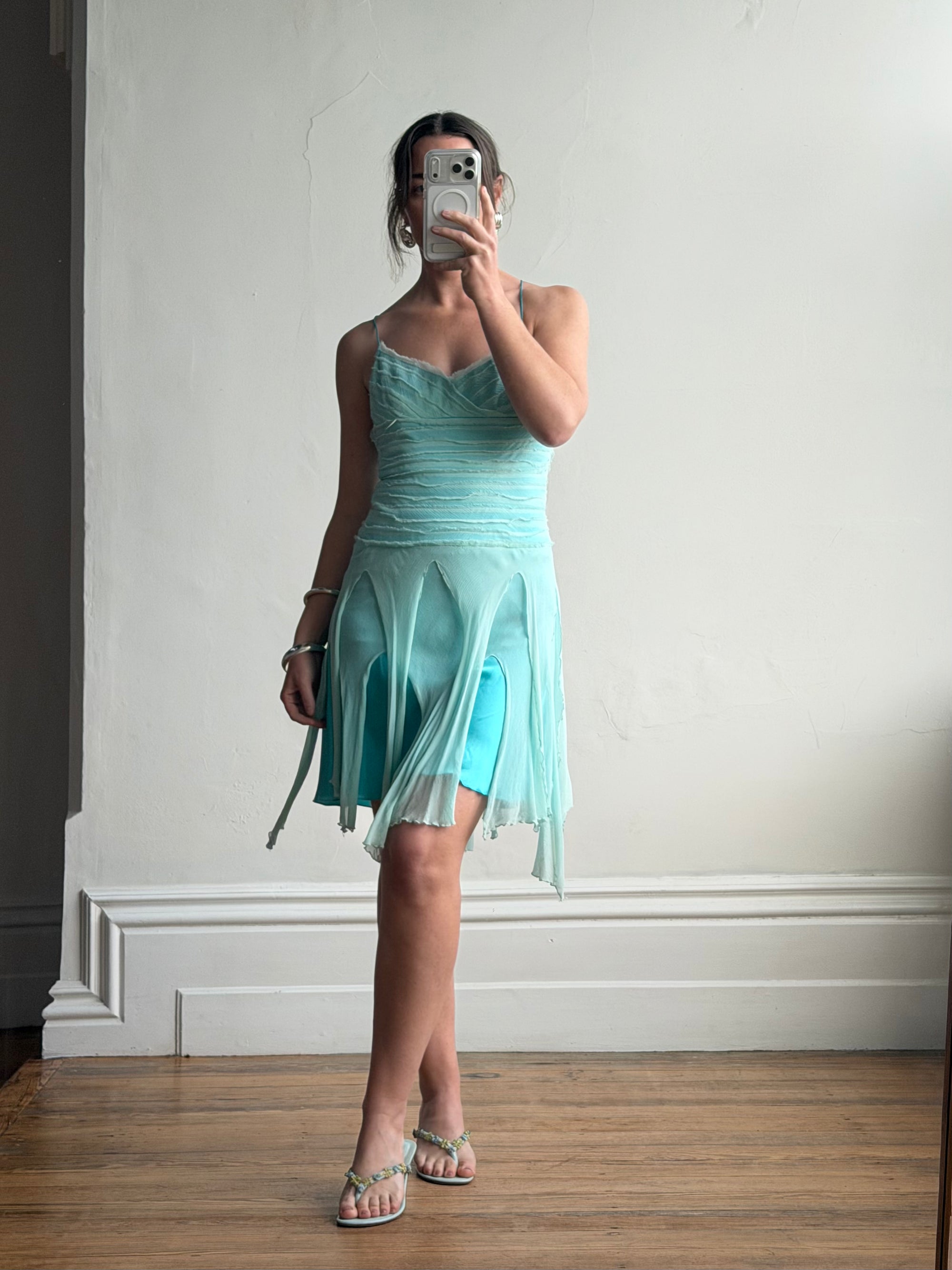 Vintage 90s Silk Chiffon Aqua Fairy Dress