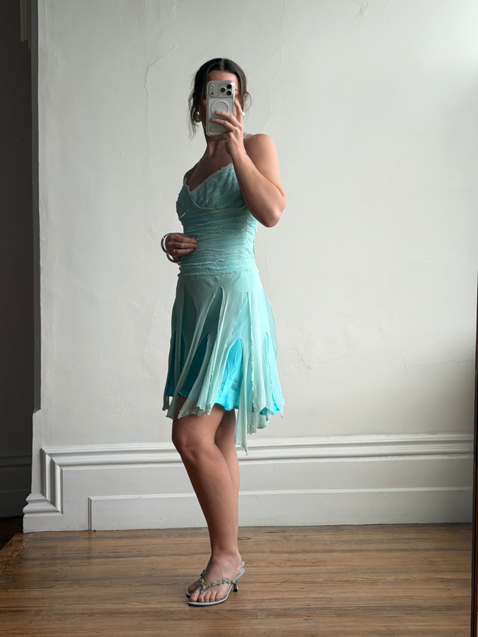 Vintage 90s Silk Chiffon Aqua Fairy Dress