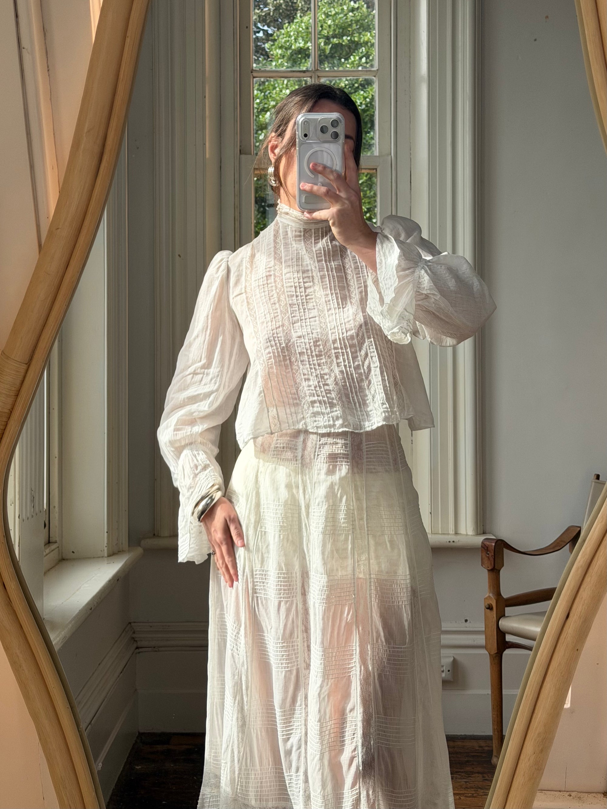 Antique Edwardian Pintuck Lace Cotton Crop and Skirt Set