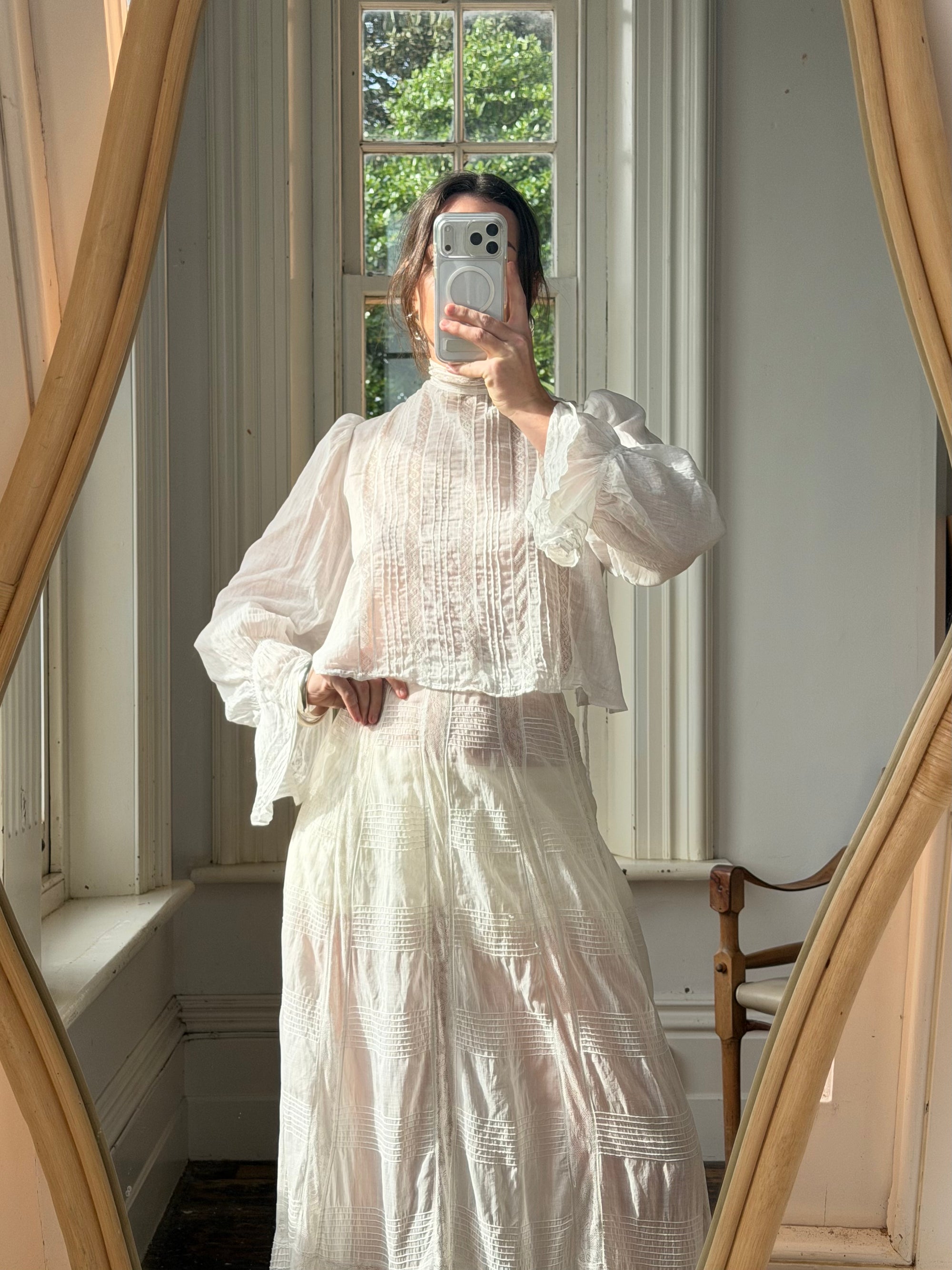Antique Edwardian Pintuck Lace Cotton Crop and Skirt Set