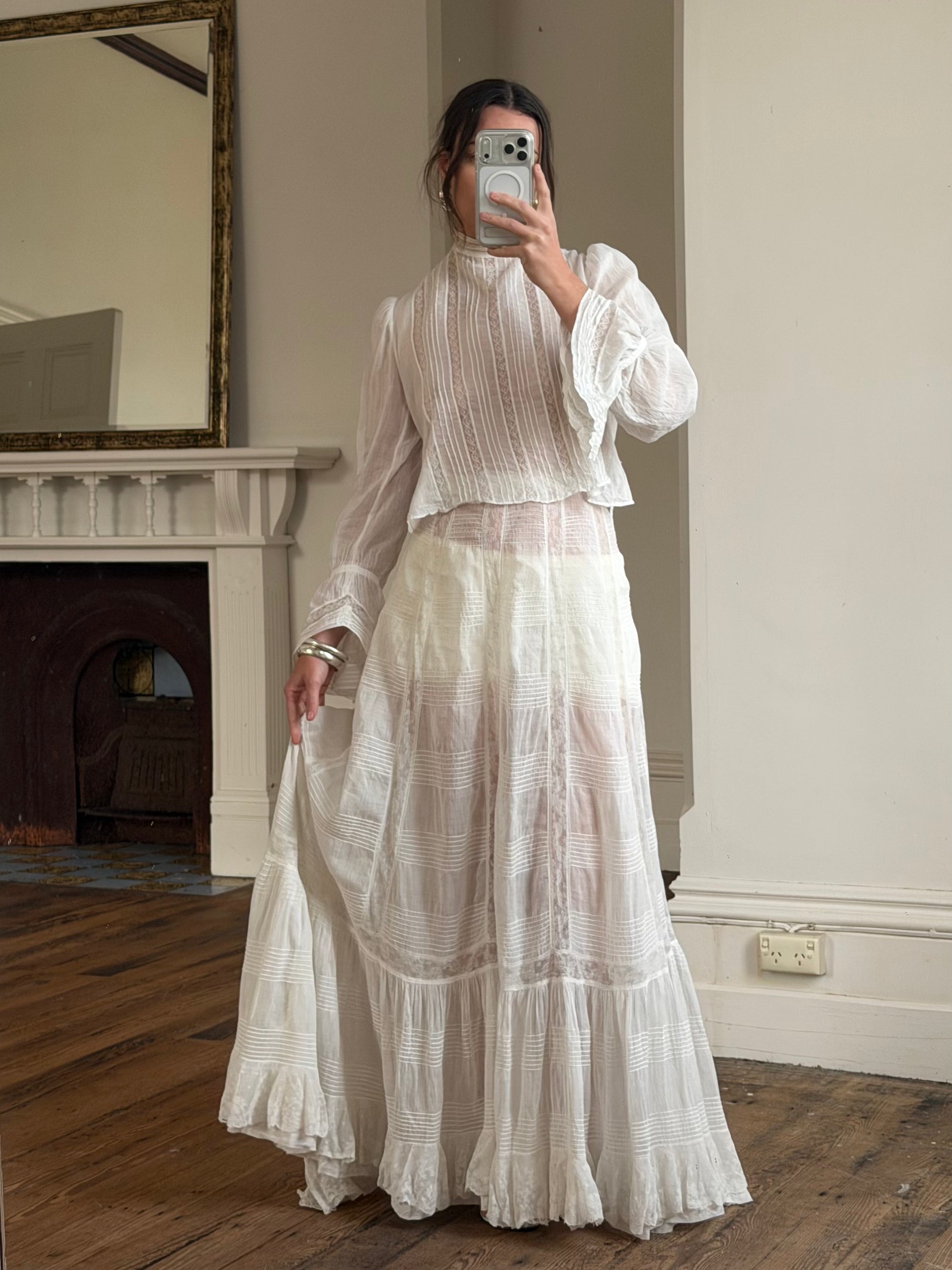 Antique Edwardian Pintuck Lace Cotton Crop and Skirt Set