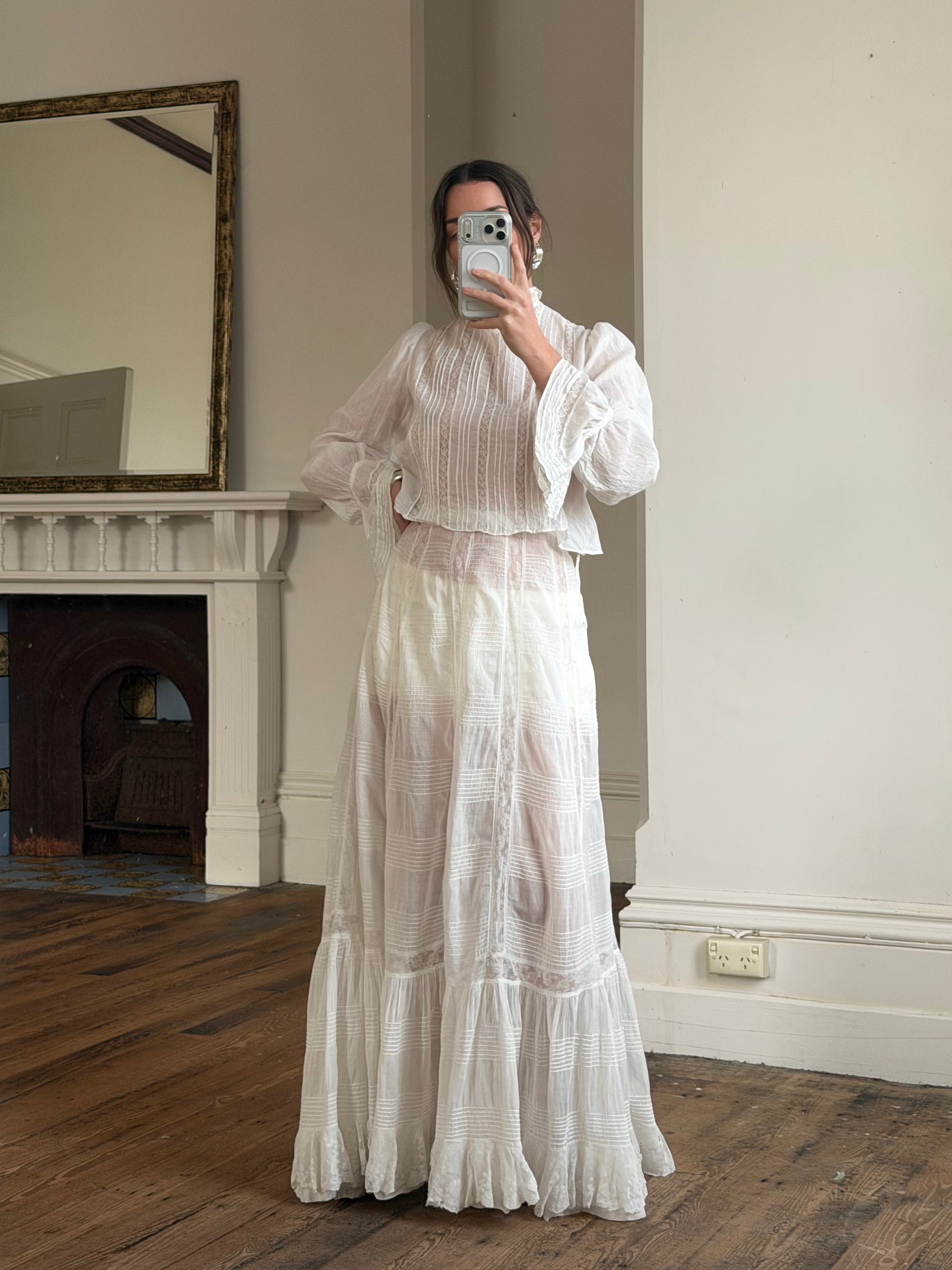 Antique Edwardian Pintuck Lace Cotton Crop and Skirt Set