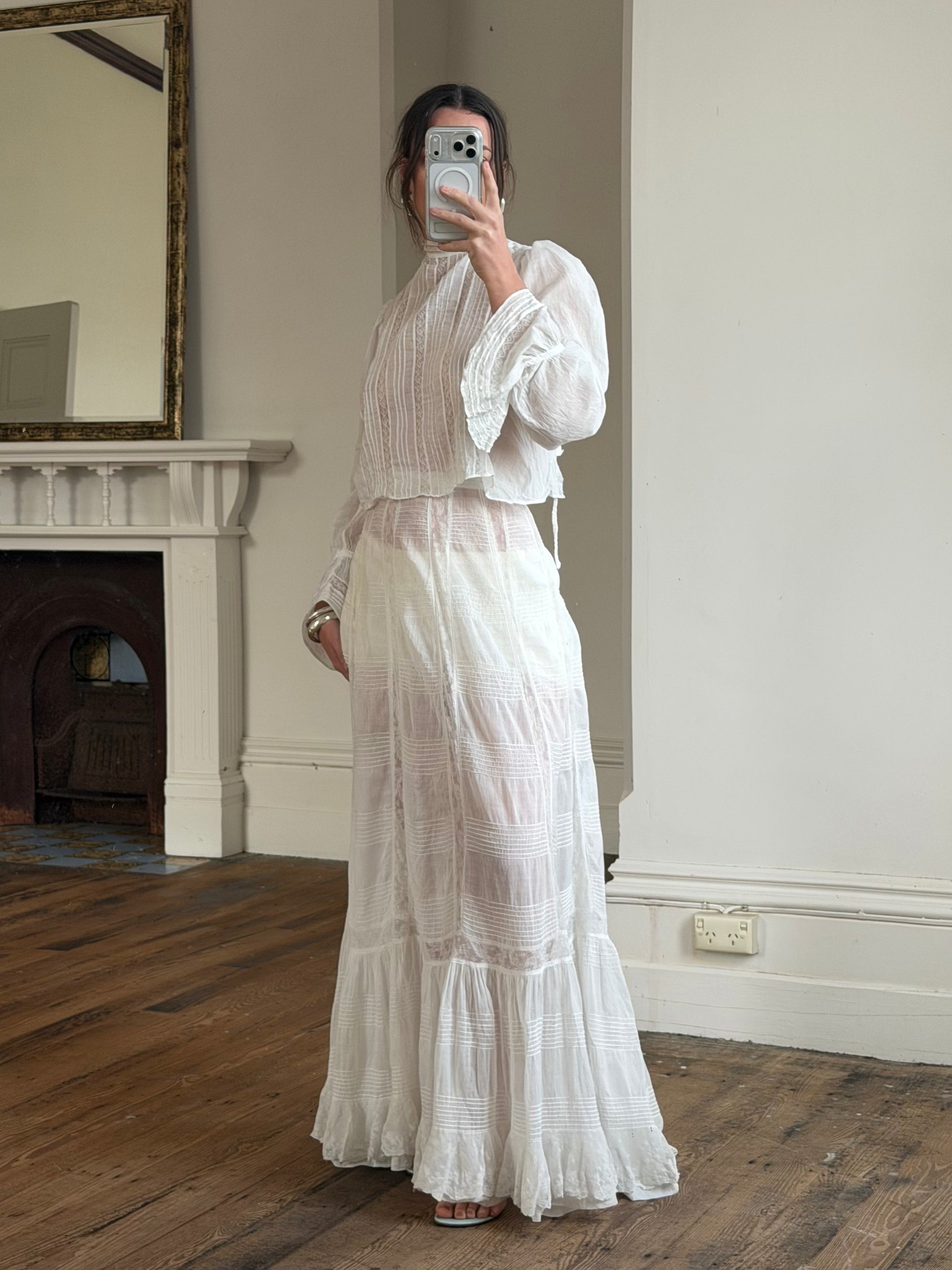 Antique Edwardian Pintuck Lace Cotton Crop and Skirt Set