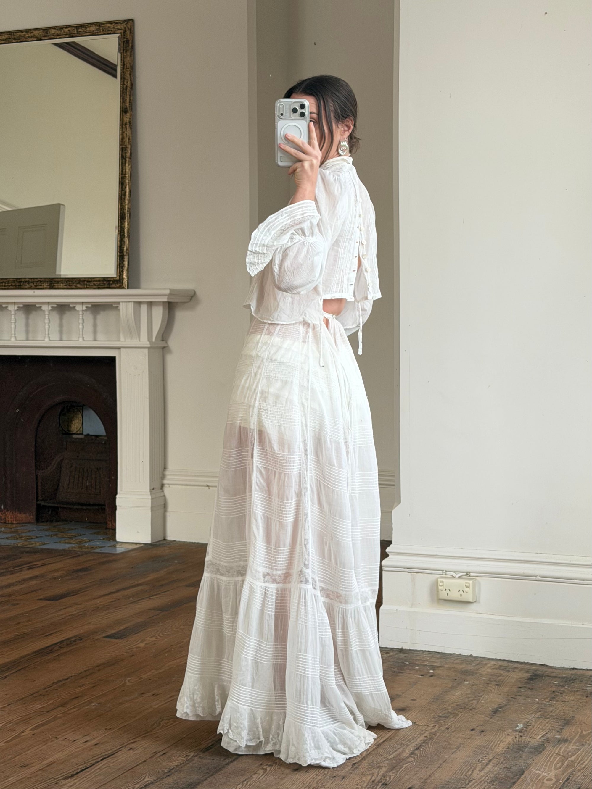 Antique Edwardian Pintuck Lace Cotton Crop and Skirt Set