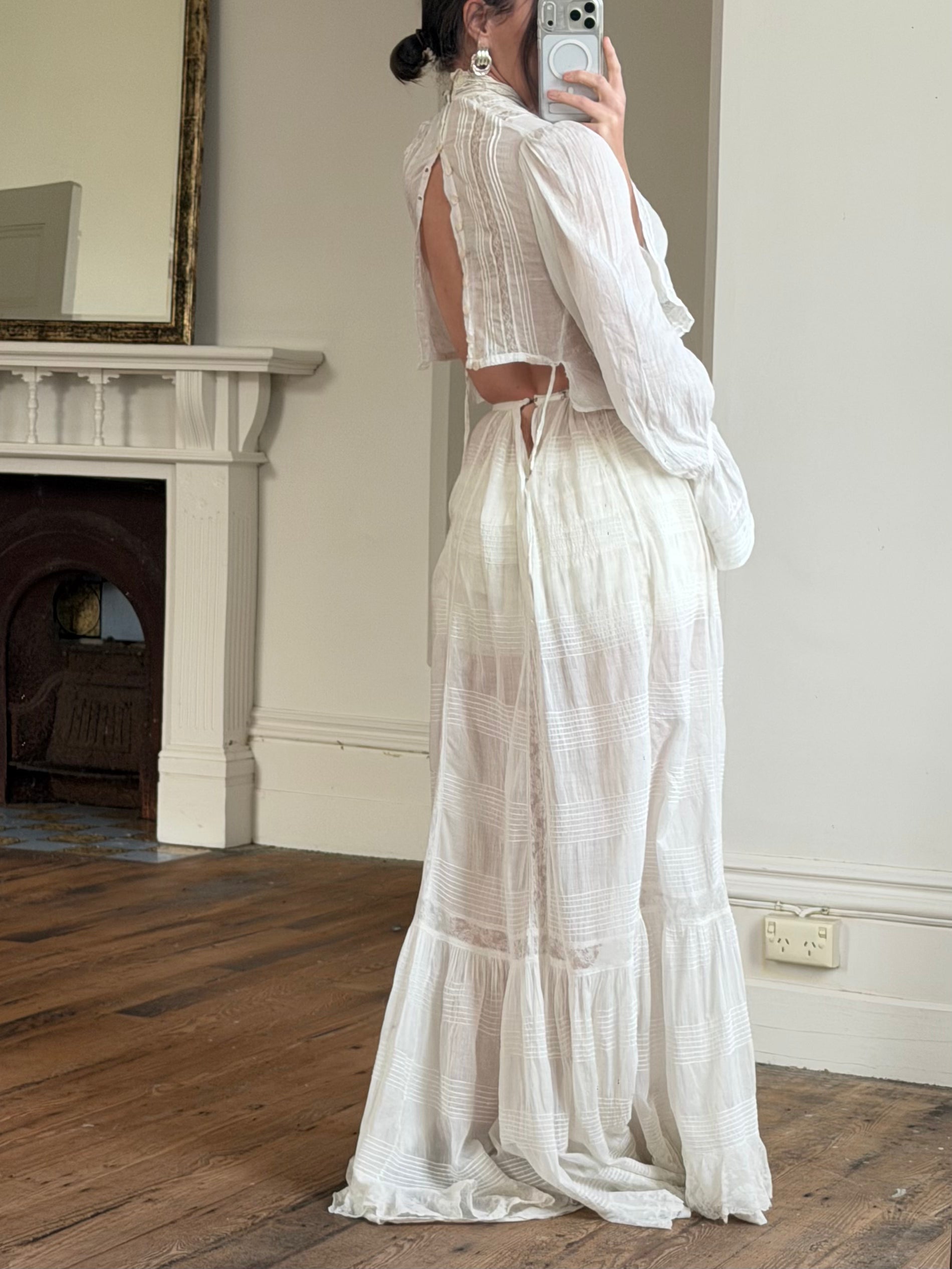 Antique Edwardian Pintuck Lace Cotton Crop and Skirt Set