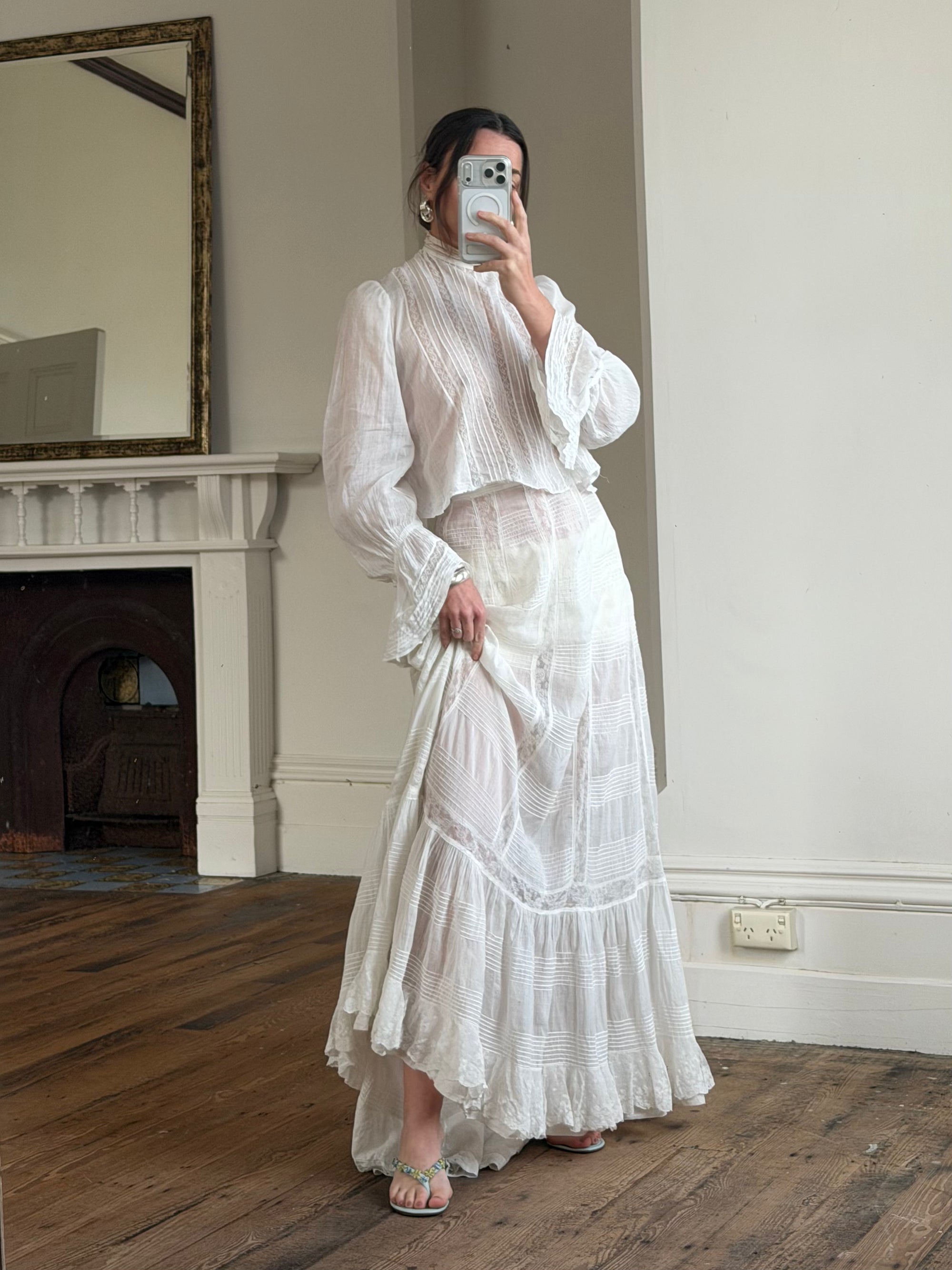 Antique Edwardian Pintuck Lace Cotton Crop and Skirt Set