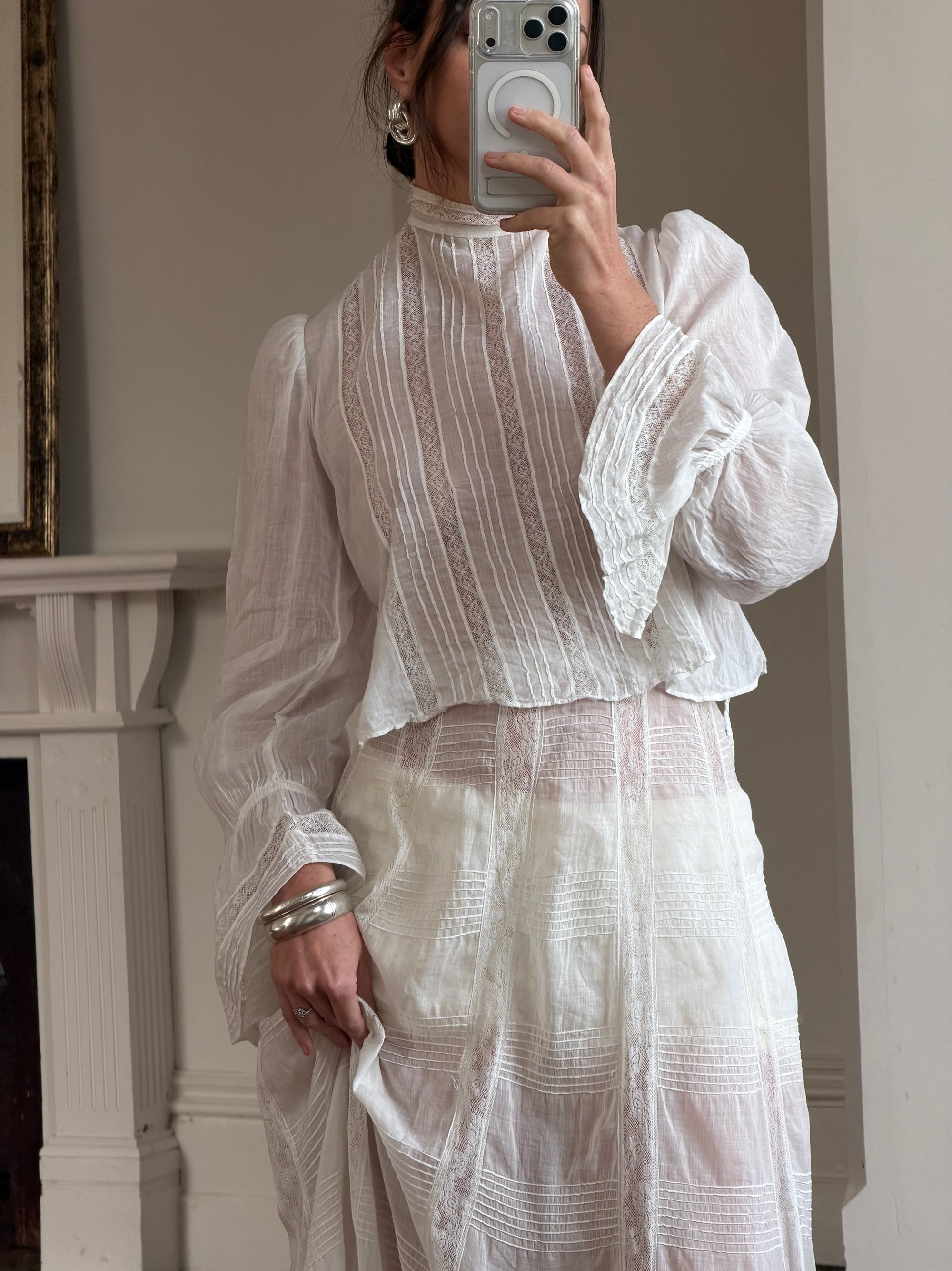 Antique Edwardian Pintuck Lace Cotton Crop and Skirt Set