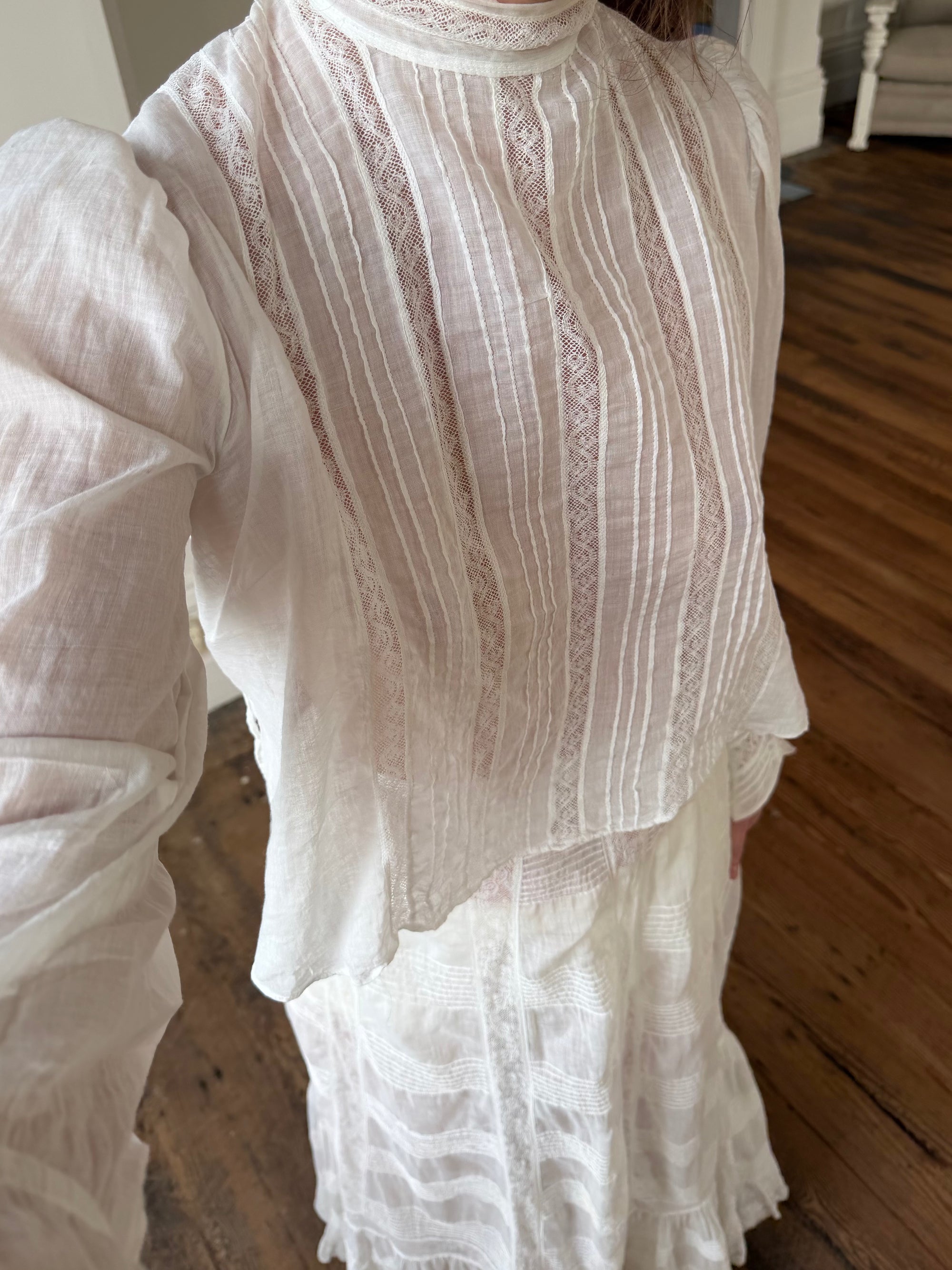 Antique Edwardian Pintuck Lace Cotton Crop and Skirt Set