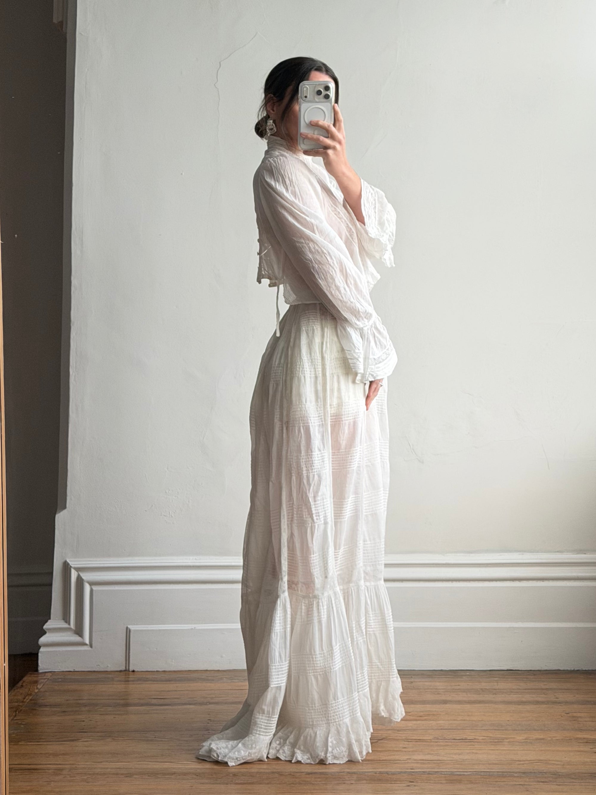 Antique Edwardian Pintuck Lace Cotton Crop and Skirt Set