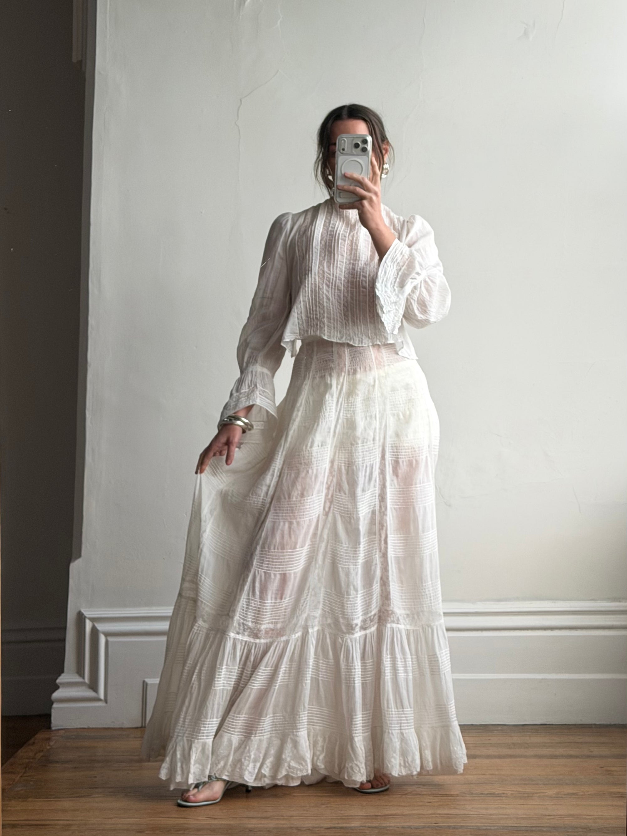 Antique Edwardian Pintuck Lace Cotton Crop and Skirt Set