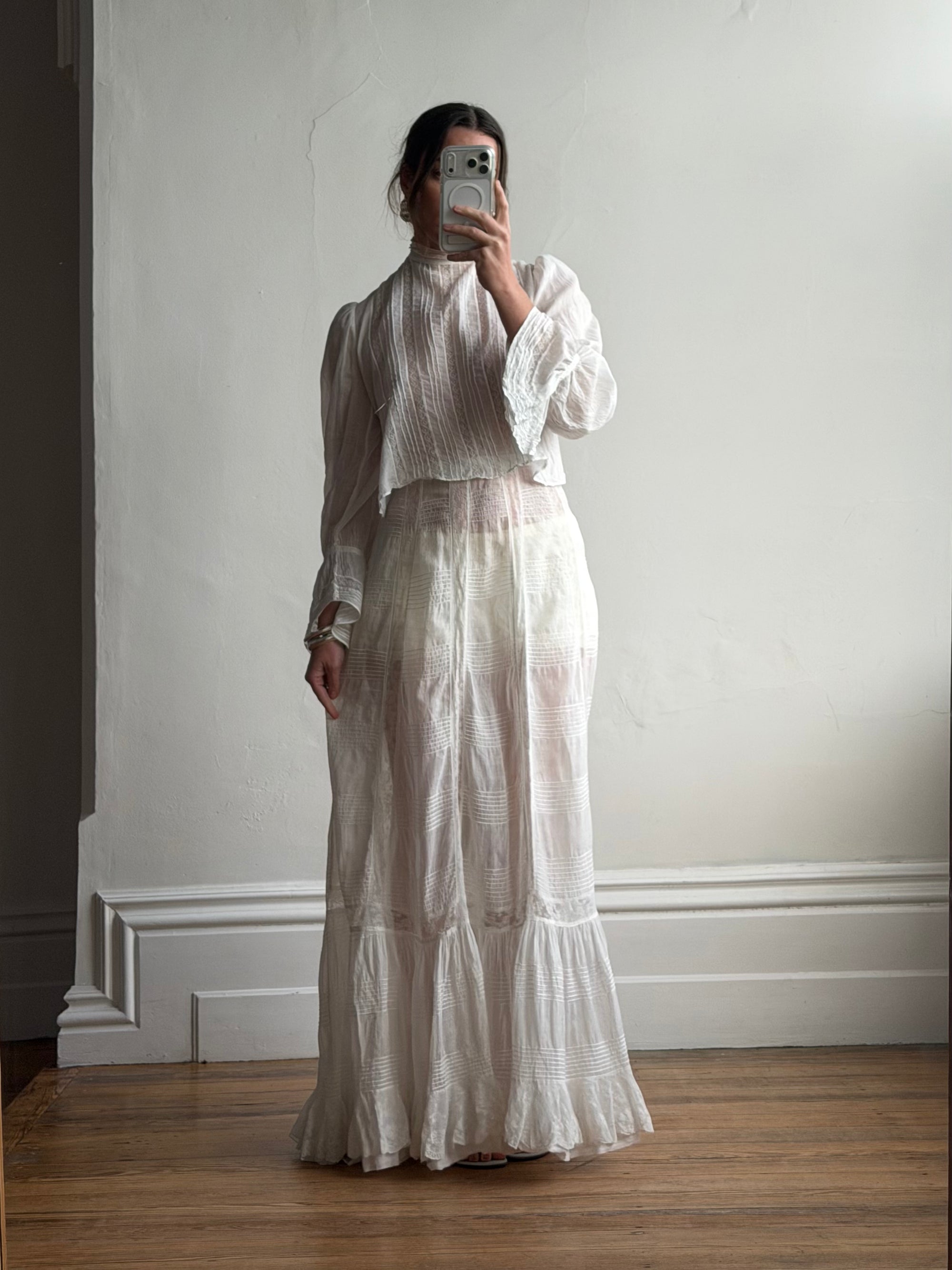 Antique Edwardian Pintuck Lace Cotton Crop and Skirt Set