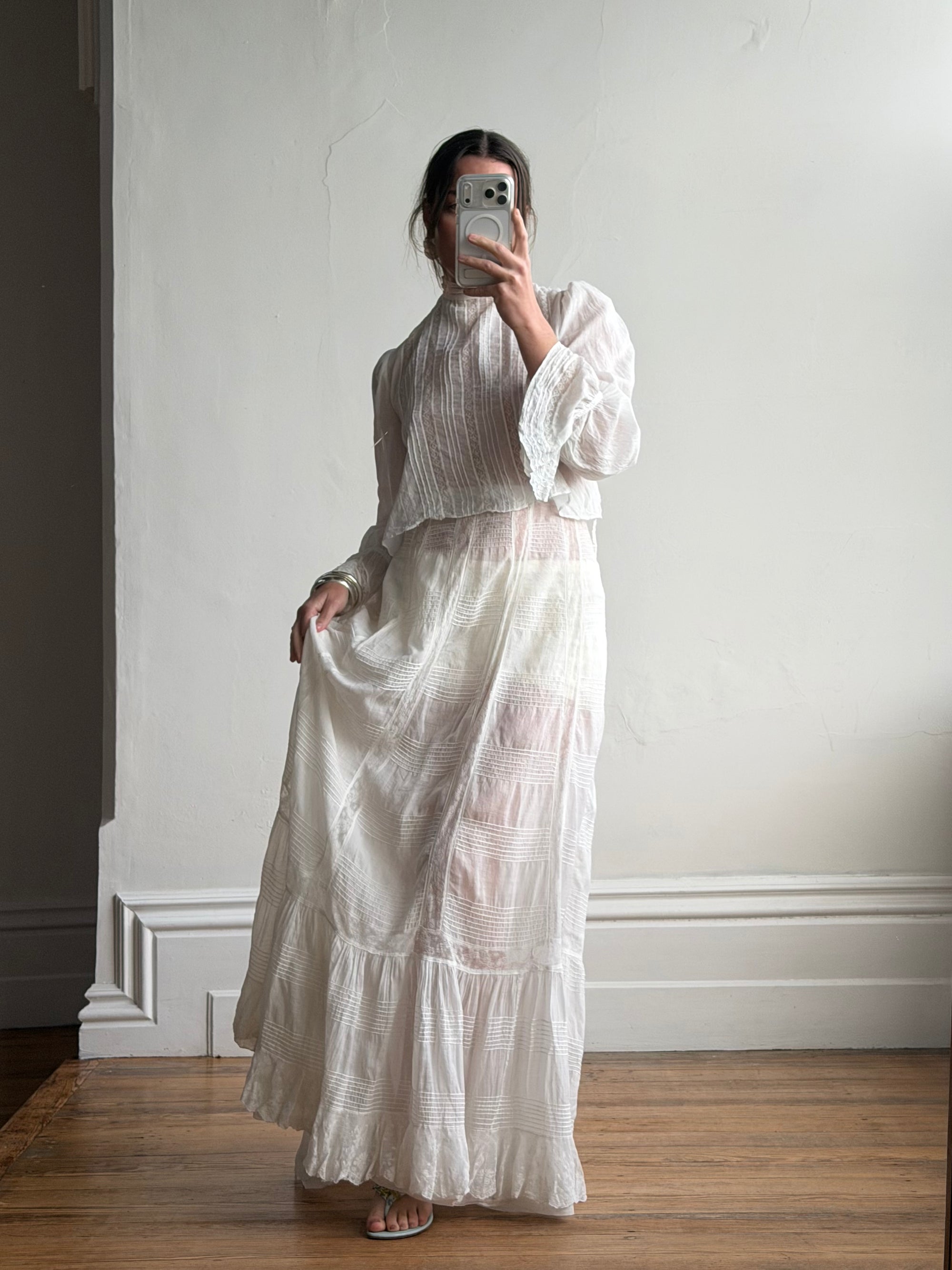 Antique Edwardian Pintuck Lace Cotton Crop and Skirt Set