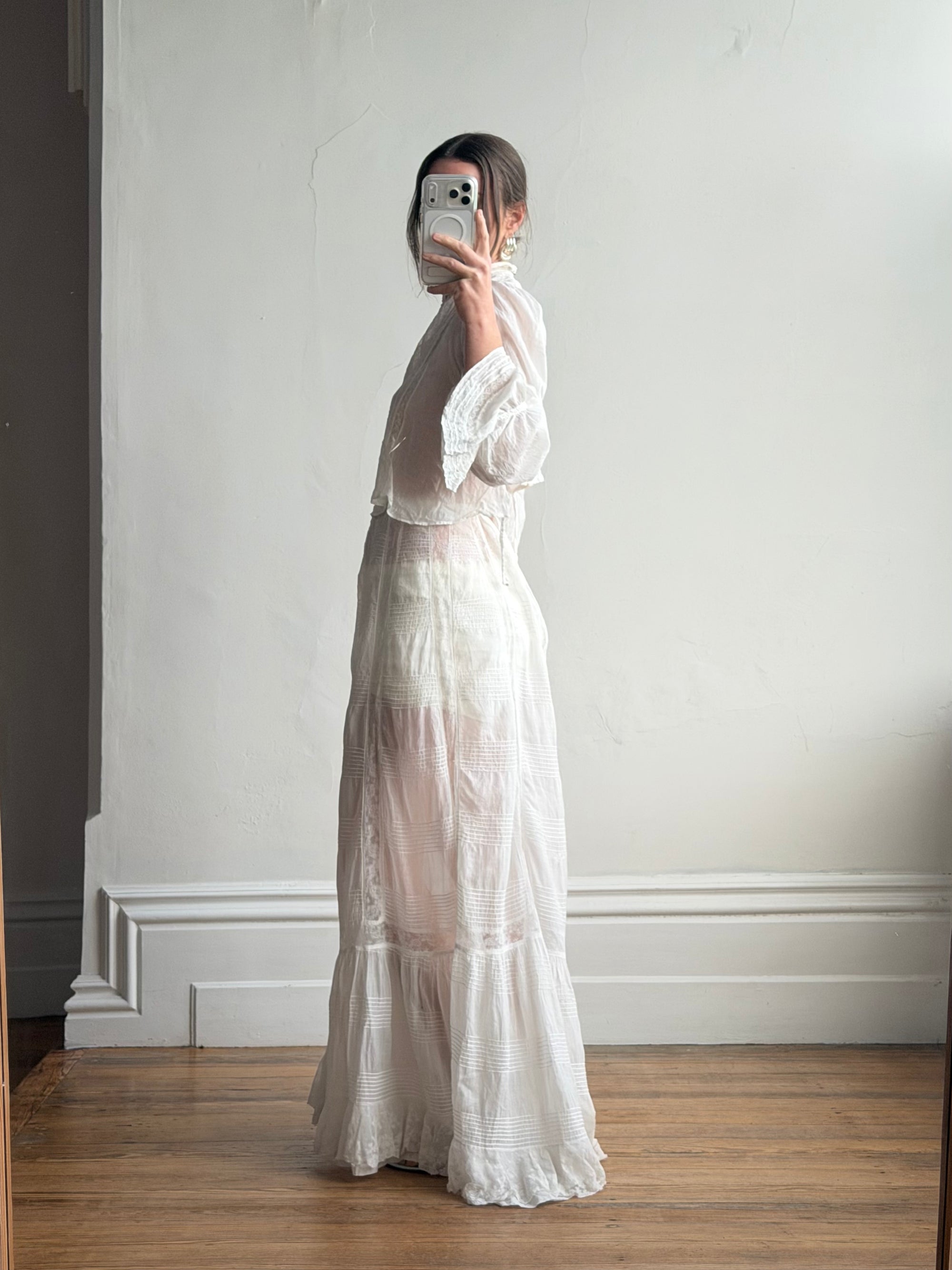 Antique Edwardian Pintuck Lace Cotton Crop and Skirt Set