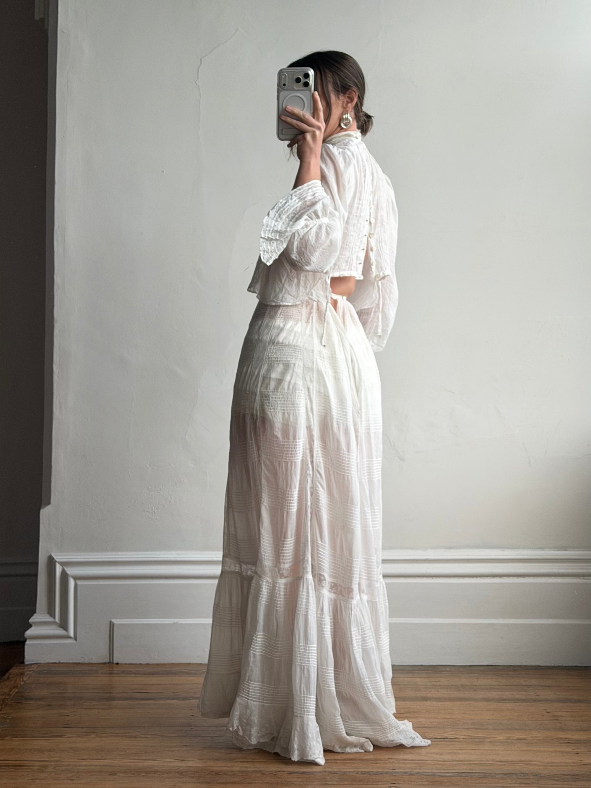 Antique Edwardian Pintuck Lace Cotton Crop and Skirt Set