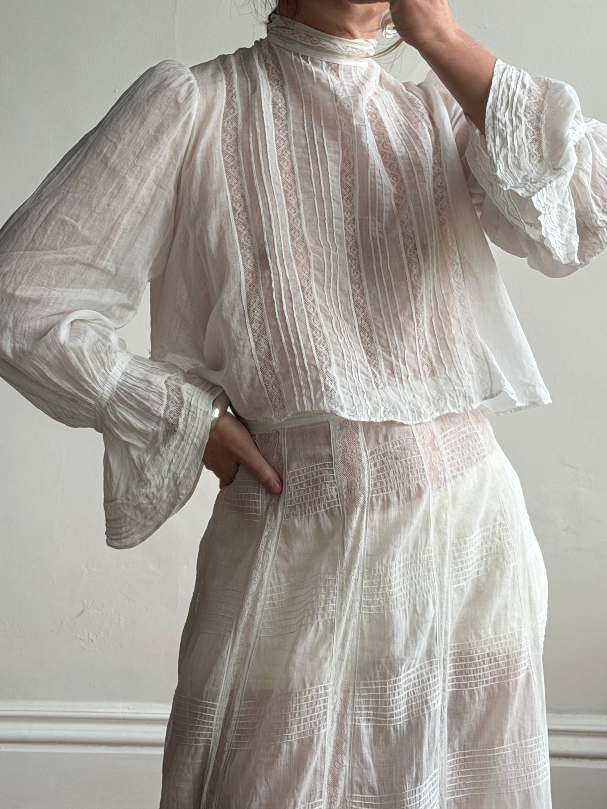 Antique Edwardian Pintuck Lace Cotton Crop and Skirt Set