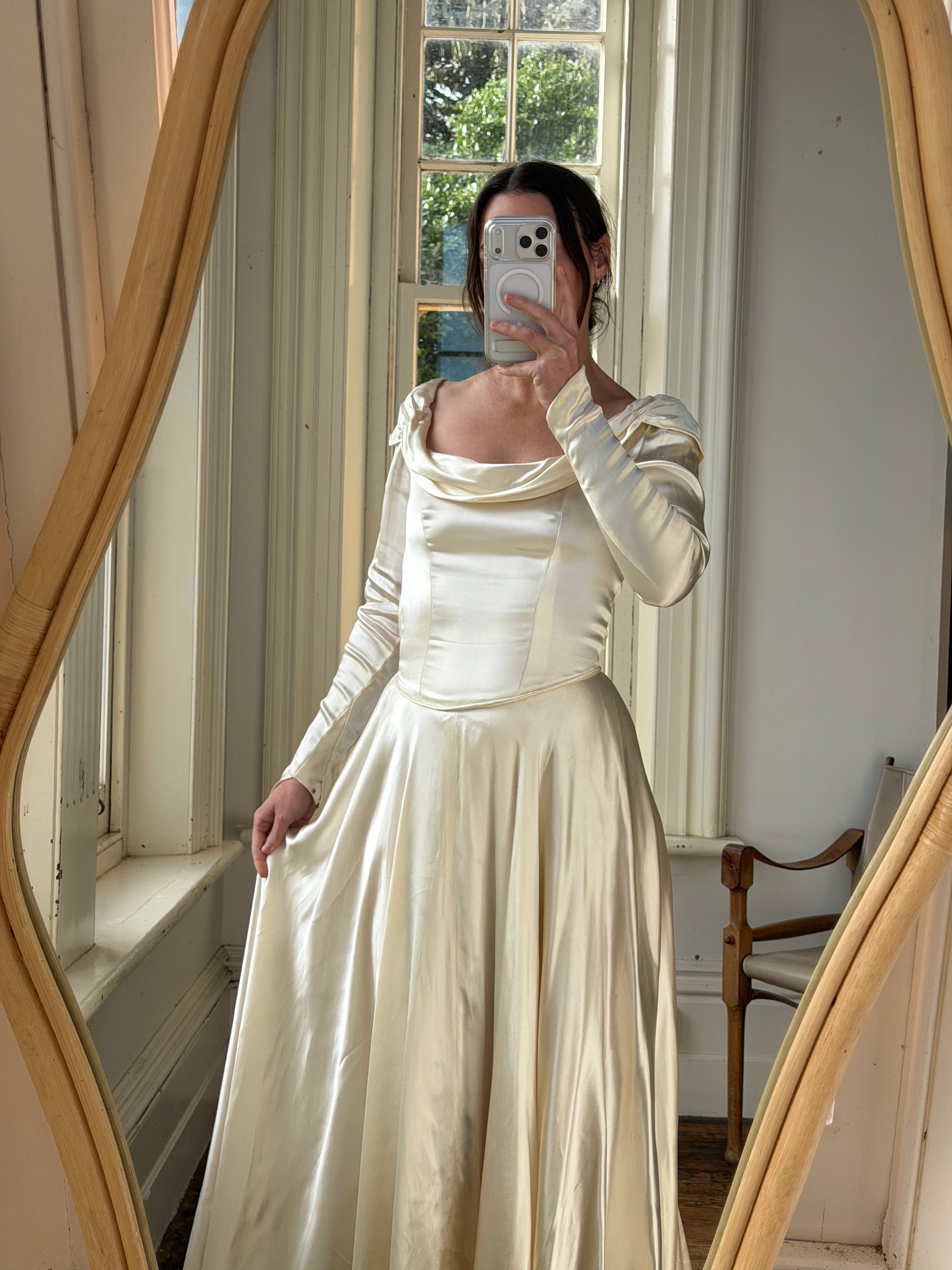 Vintage 40s Liquid Satin Long Sleeve Scoop Neck Wedding Gown