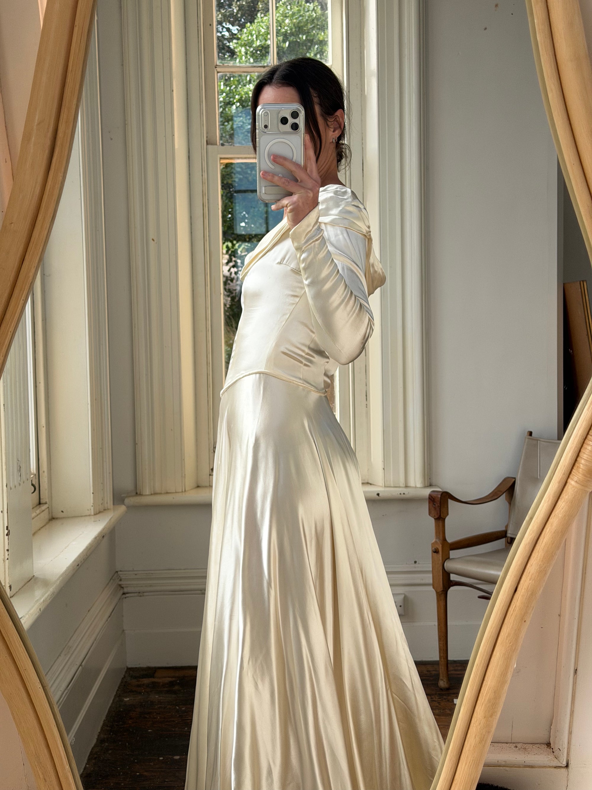 Vintage 40s Liquid Satin Long Sleeve Scoop Neck Wedding Gown