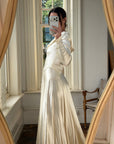 Vintage 40s Liquid Satin Long Sleeve Scoop Neck Wedding Gown