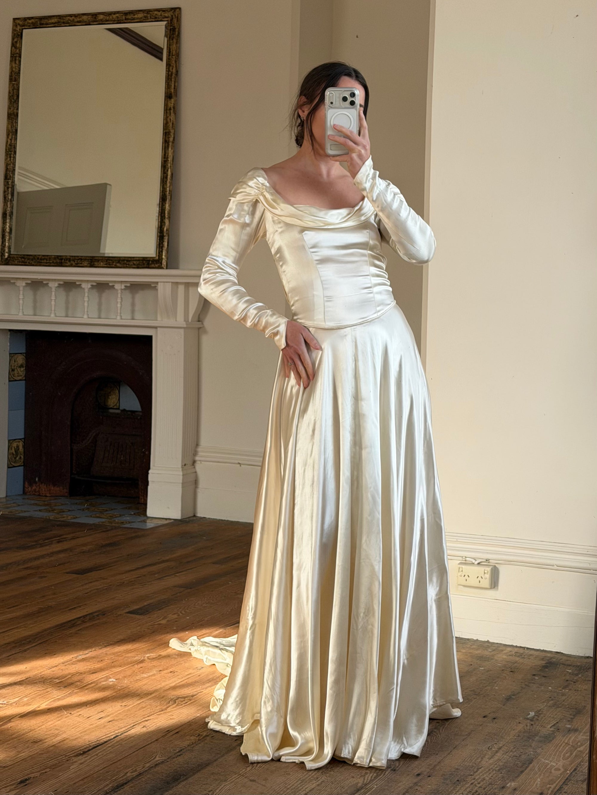 Vintage 40s Liquid Satin Long Sleeve Scoop Neck Wedding Gown