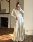 Vintage 40s Liquid Satin Long Sleeve Scoop Neck Wedding Gown