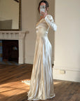 Vintage 40s Liquid Satin Long Sleeve Scoop Neck Wedding Gown