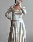 Vintage 40s Liquid Satin Long Sleeve Scoop Neck Wedding Gown