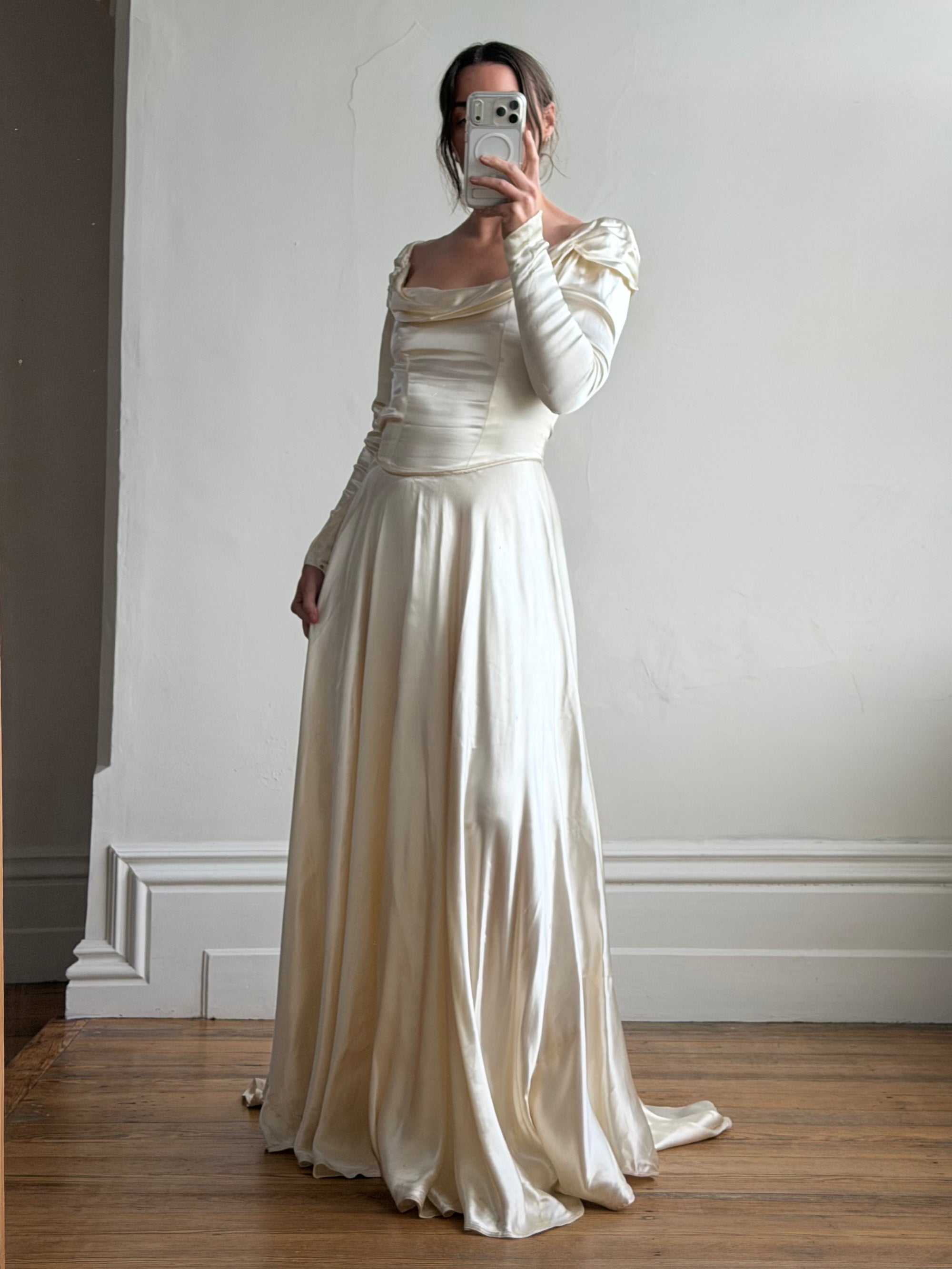 Vintage 40s Liquid Satin Long Sleeve Scoop Neck Wedding Gown