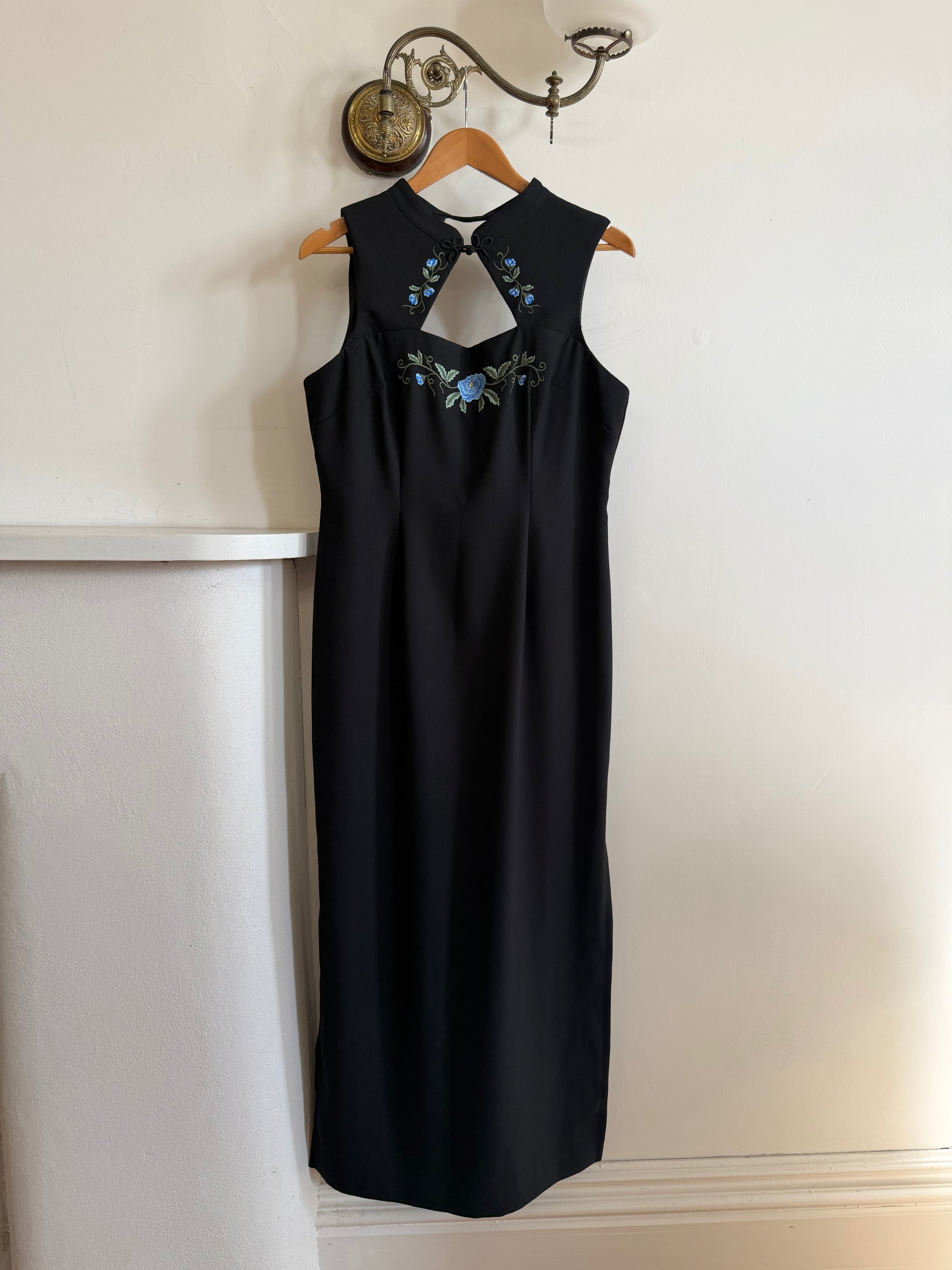 Vintage 90s Cheongsam Embroidered Blue Floral Crepe Dress