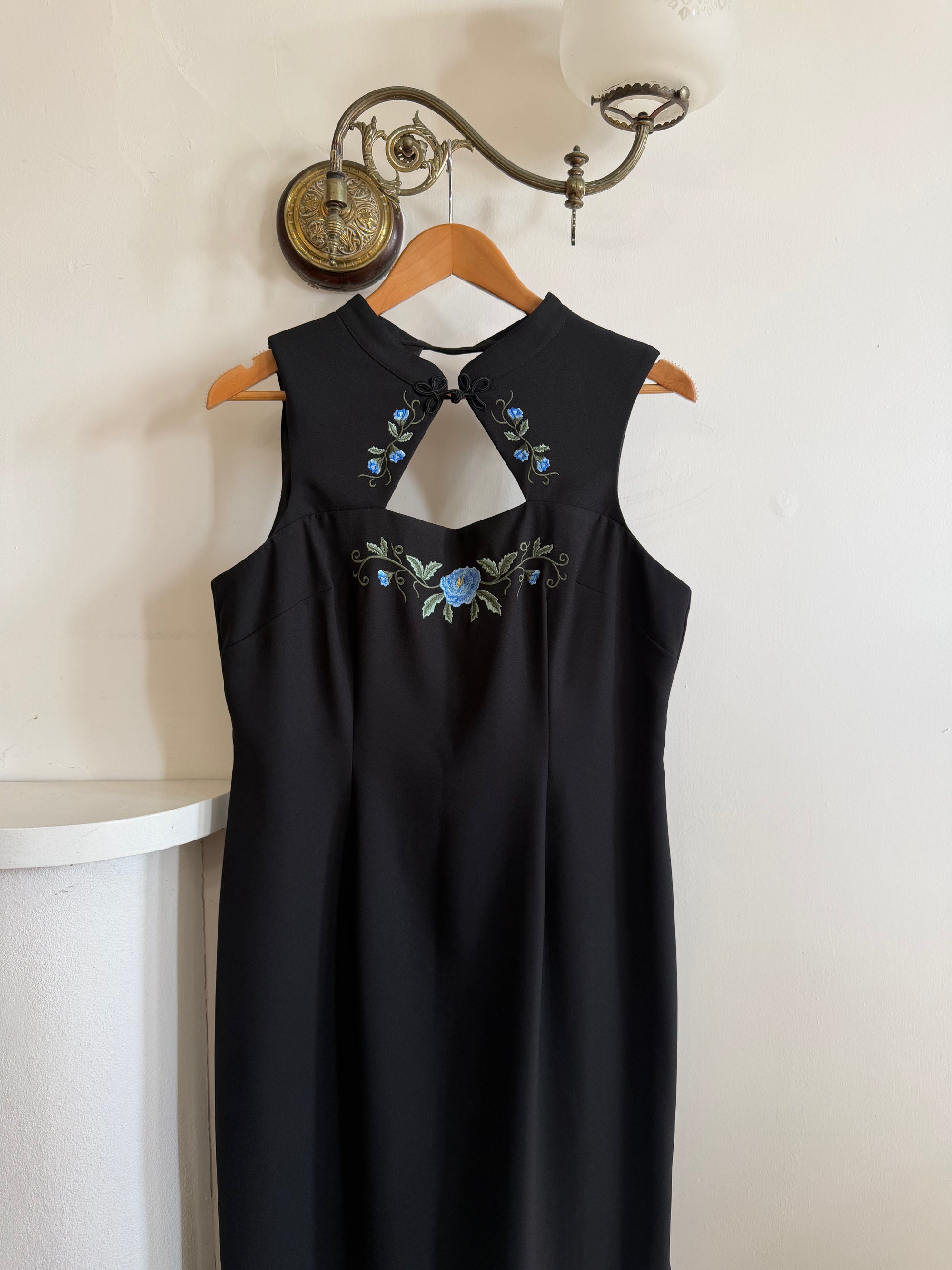 Vintage 90s Cheongsam Embroidered Blue Floral Crepe Dress