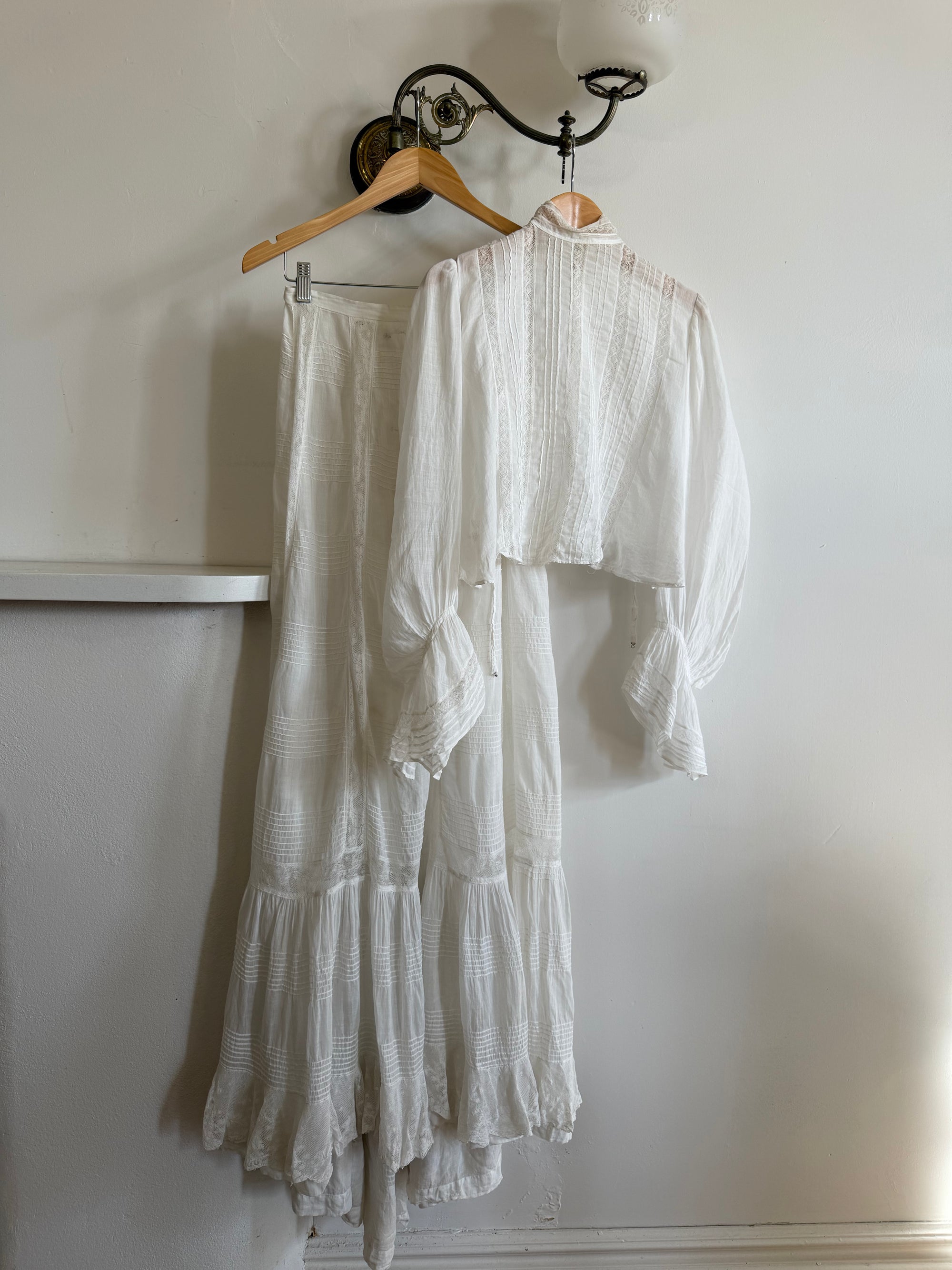 Antique Edwardian Pintuck Lace Cotton Crop and Skirt Set