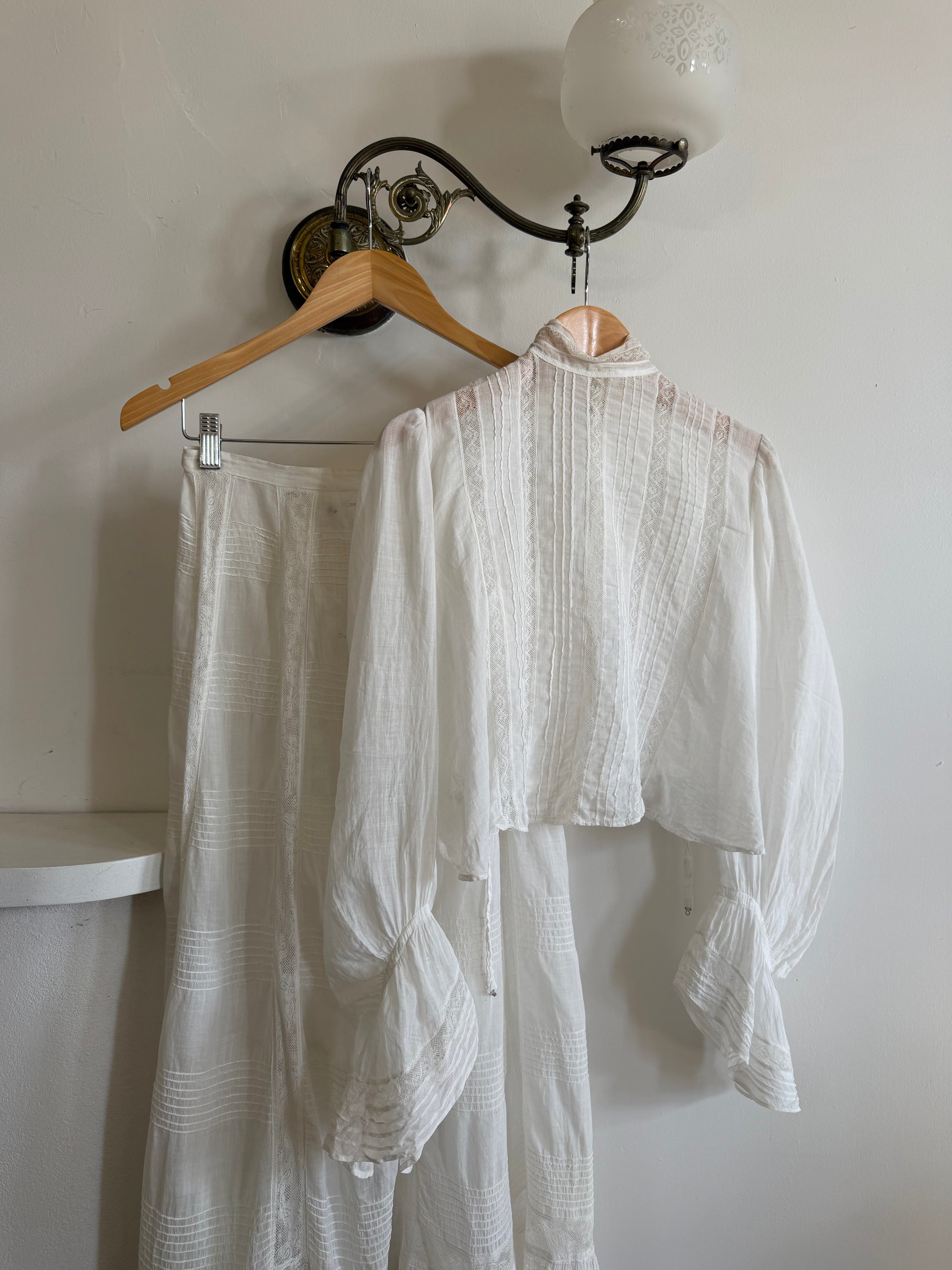 Antique Edwardian Pintuck Lace Cotton Crop and Skirt Set