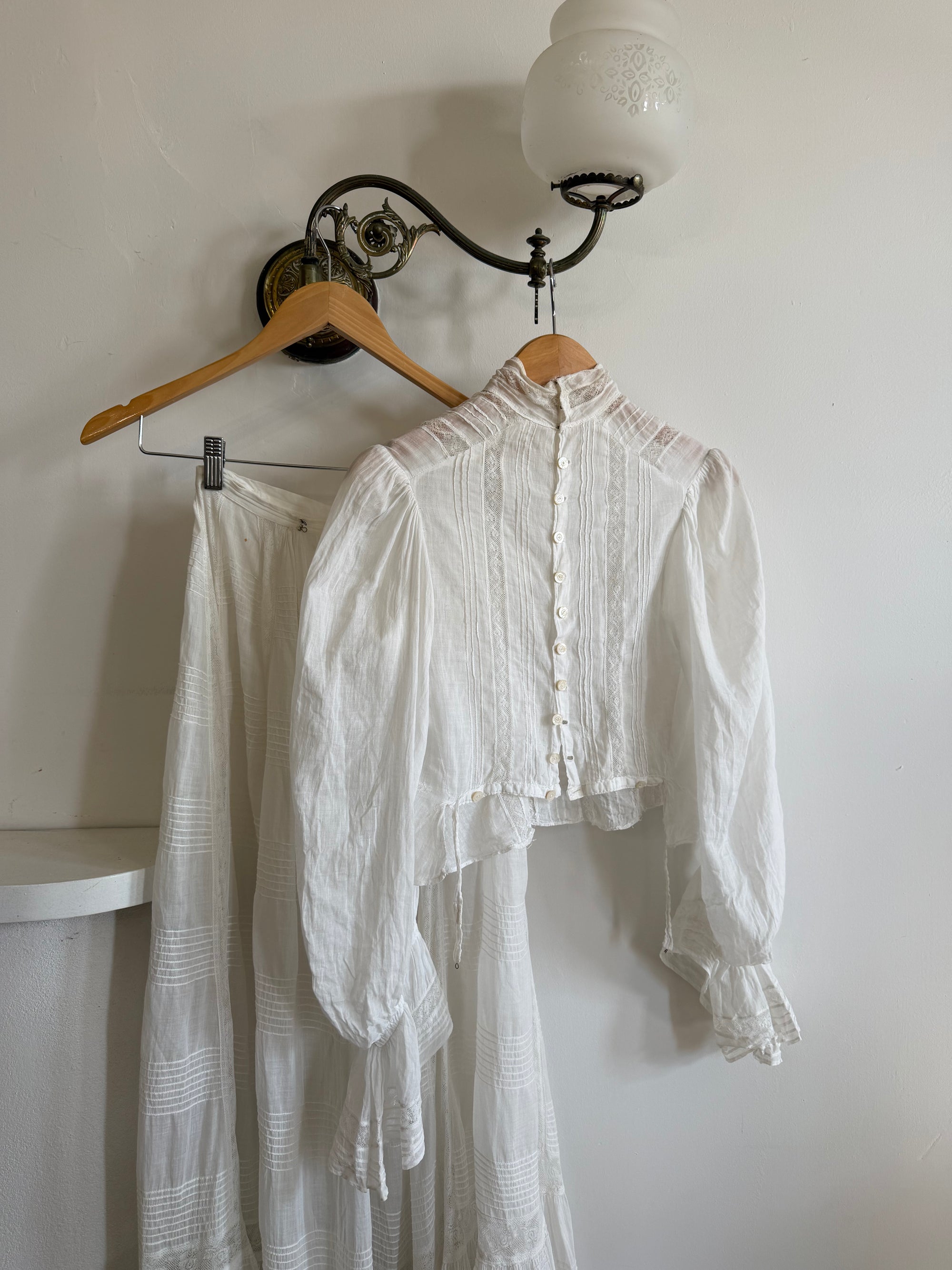 Antique Edwardian Pintuck Lace Cotton Crop and Skirt Set