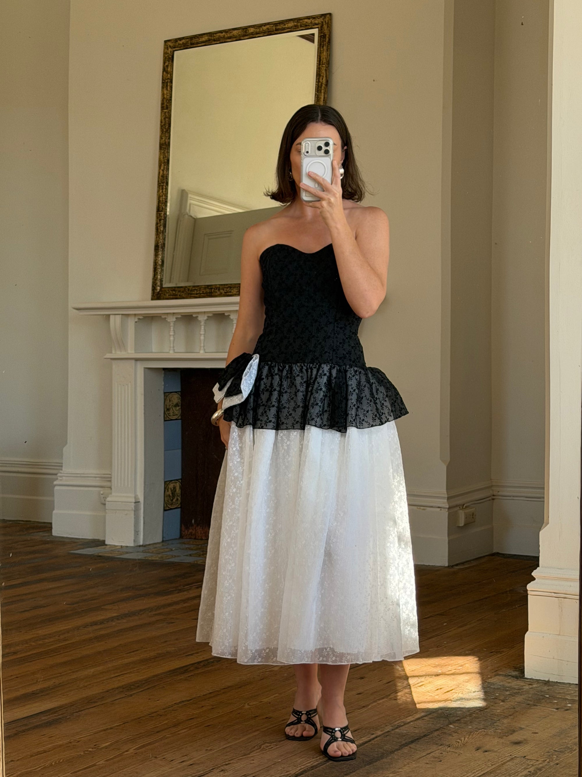 Vintage 80s Monochrome Drop Waist Bow Midi