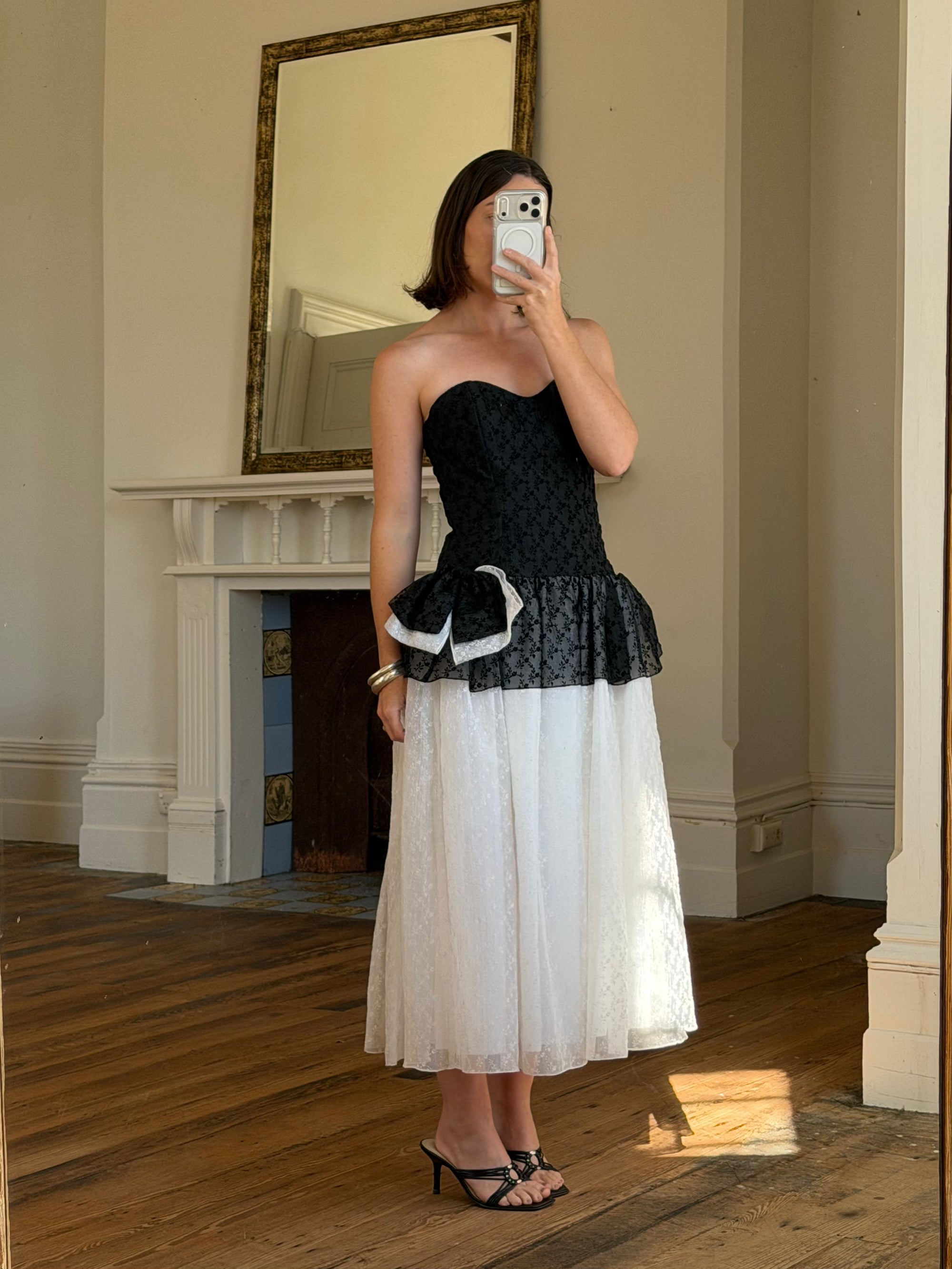 Vintage 80s Monochrome Drop Waist Bow Midi