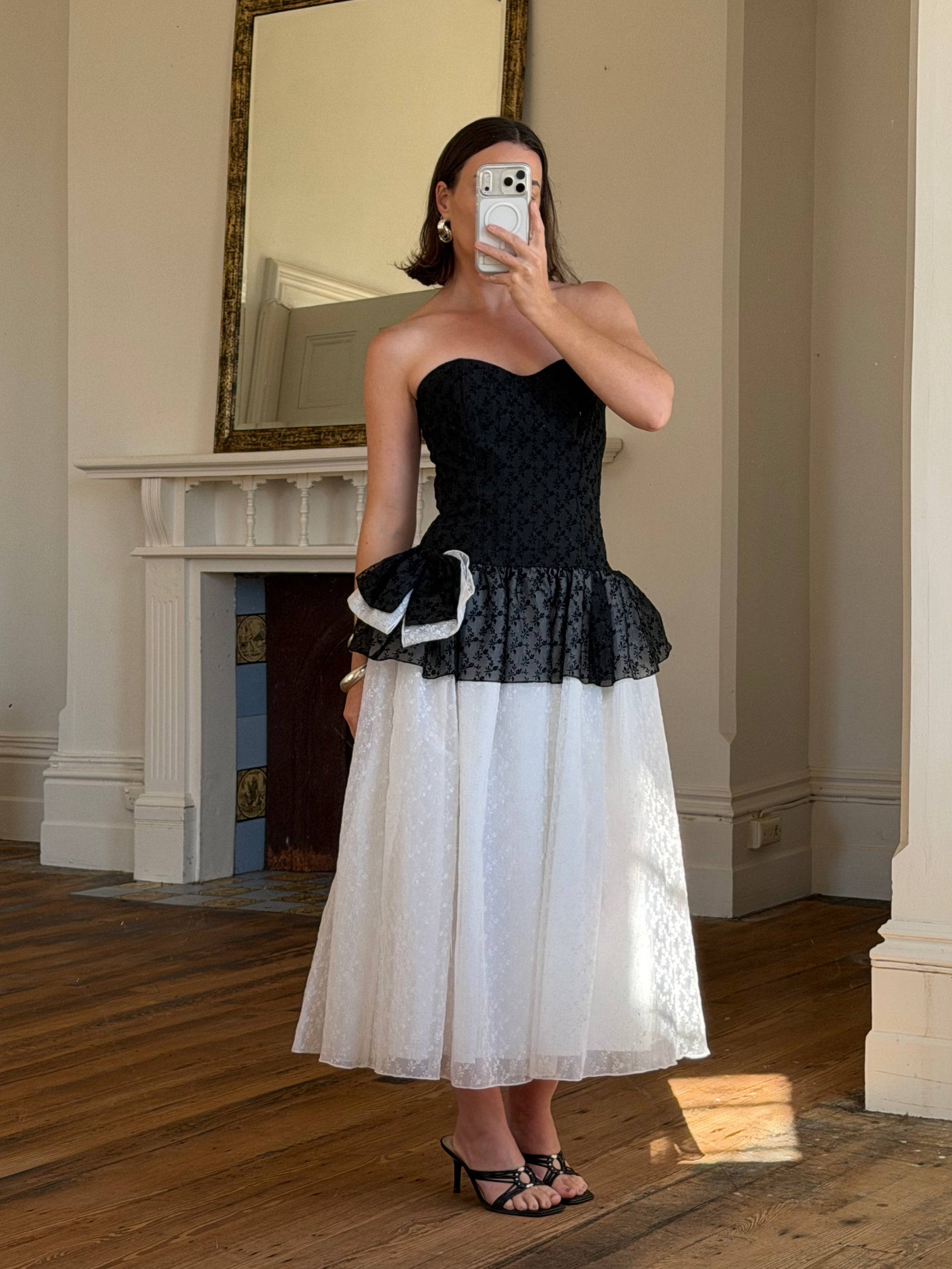 Vintage 80s Monochrome Drop Waist Bow Midi