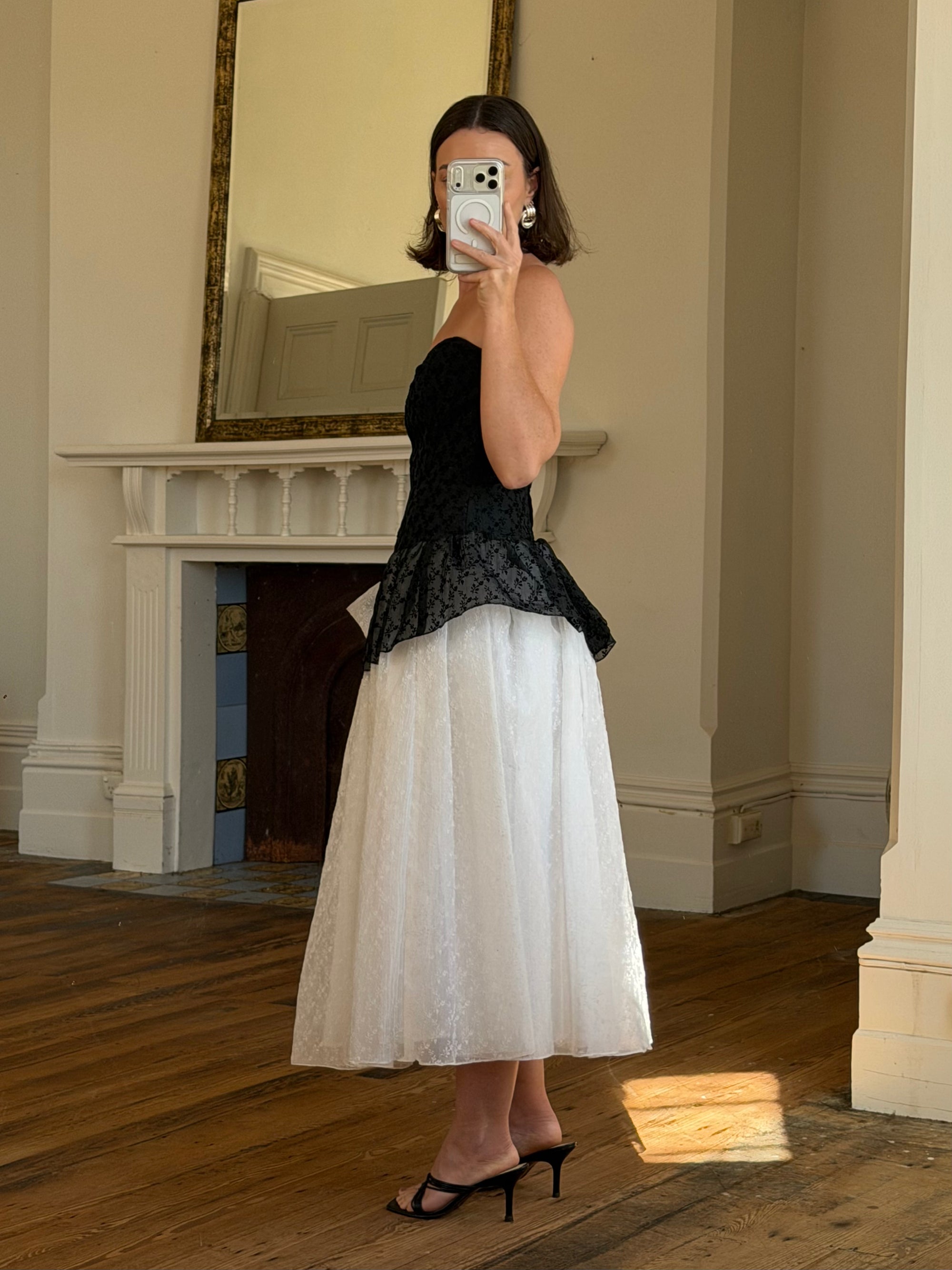Vintage 80s Monochrome Drop Waist Bow Midi