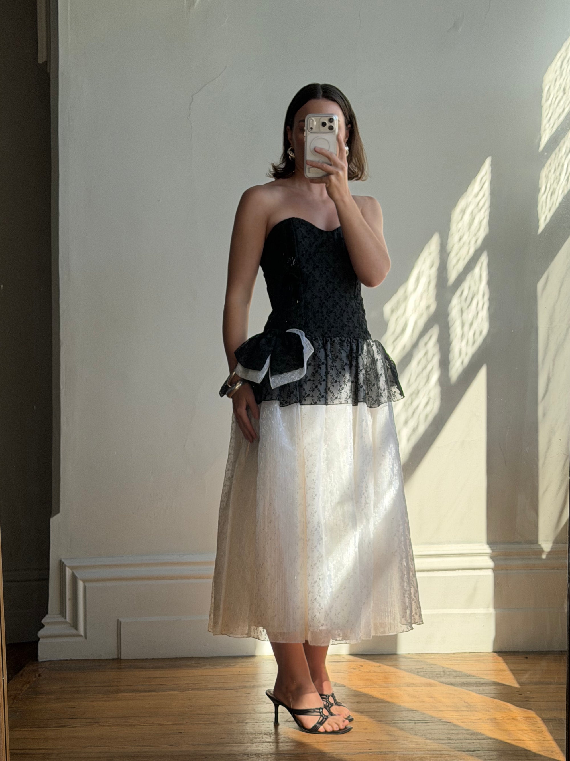 Vintage 80s Monochrome Drop Waist Bow Midi