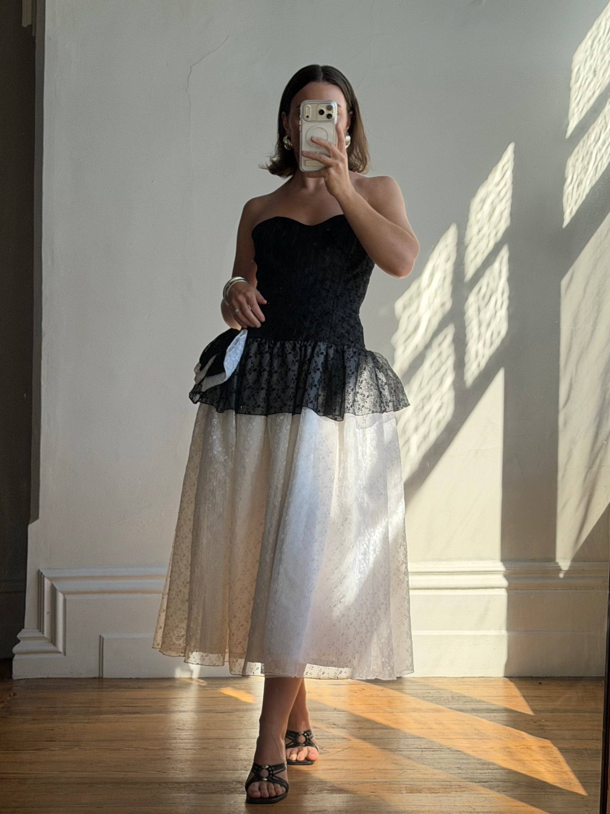Vintage 80s Monochrome Drop Waist Bow Midi