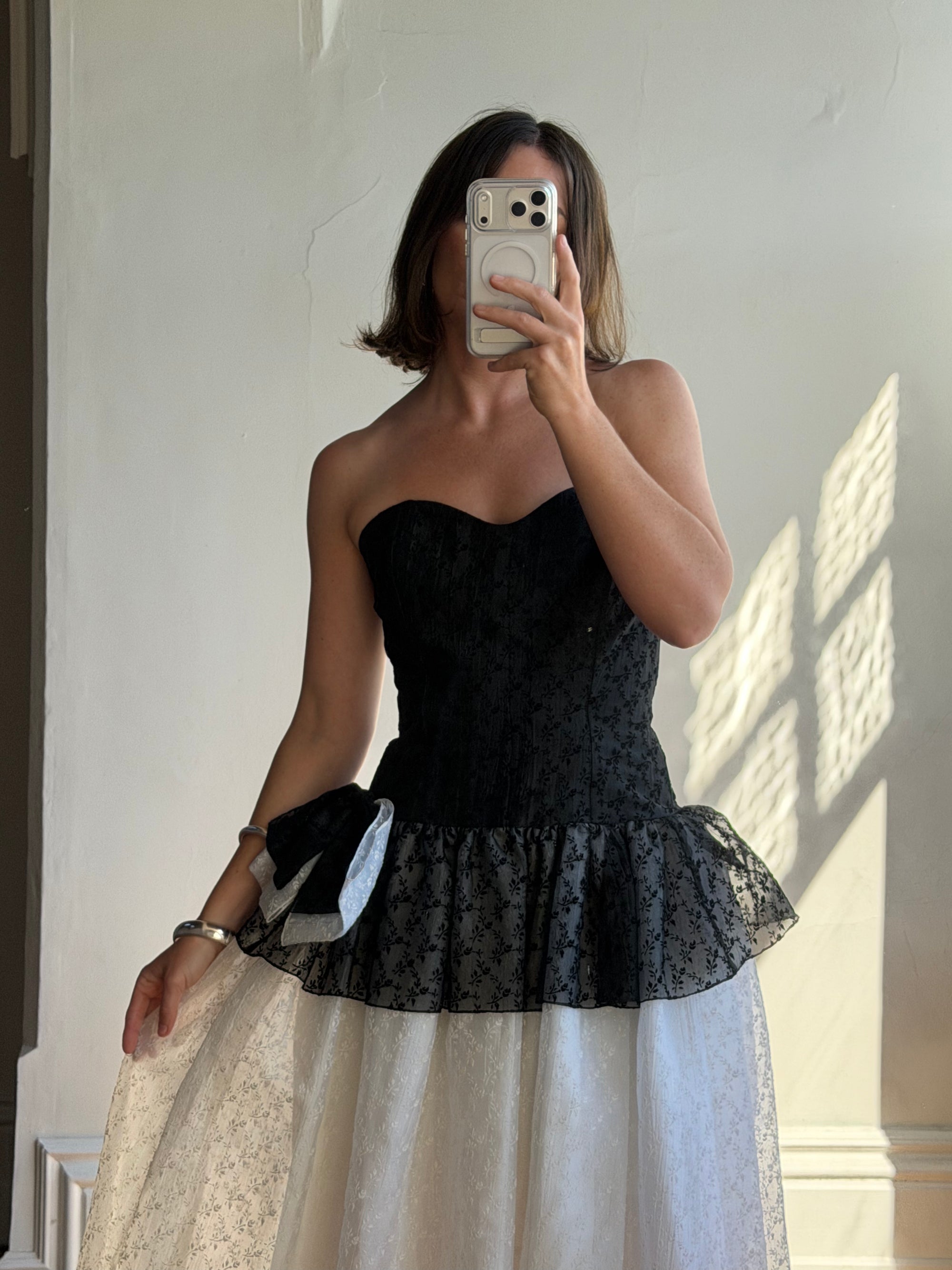 Vintage 80s Monochrome Drop Waist Bow Midi