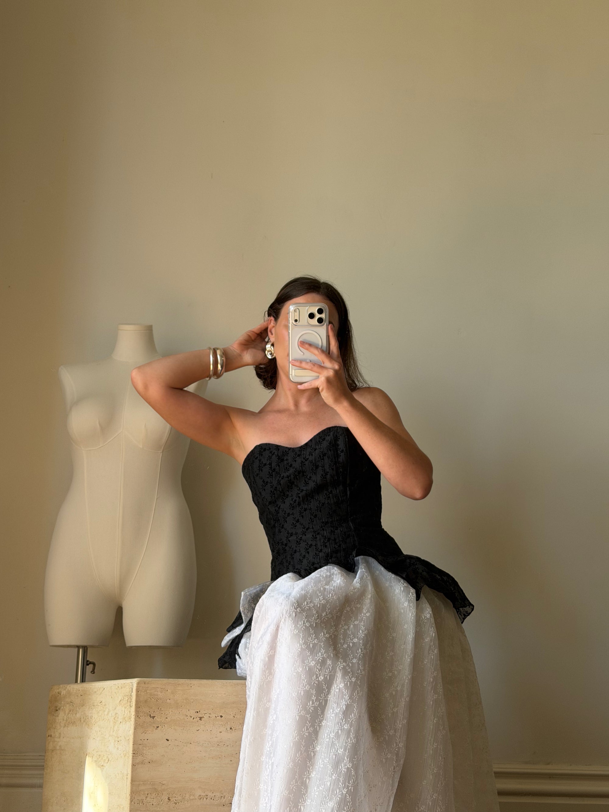 Vintage 80s Monochrome Drop Waist Bow Midi