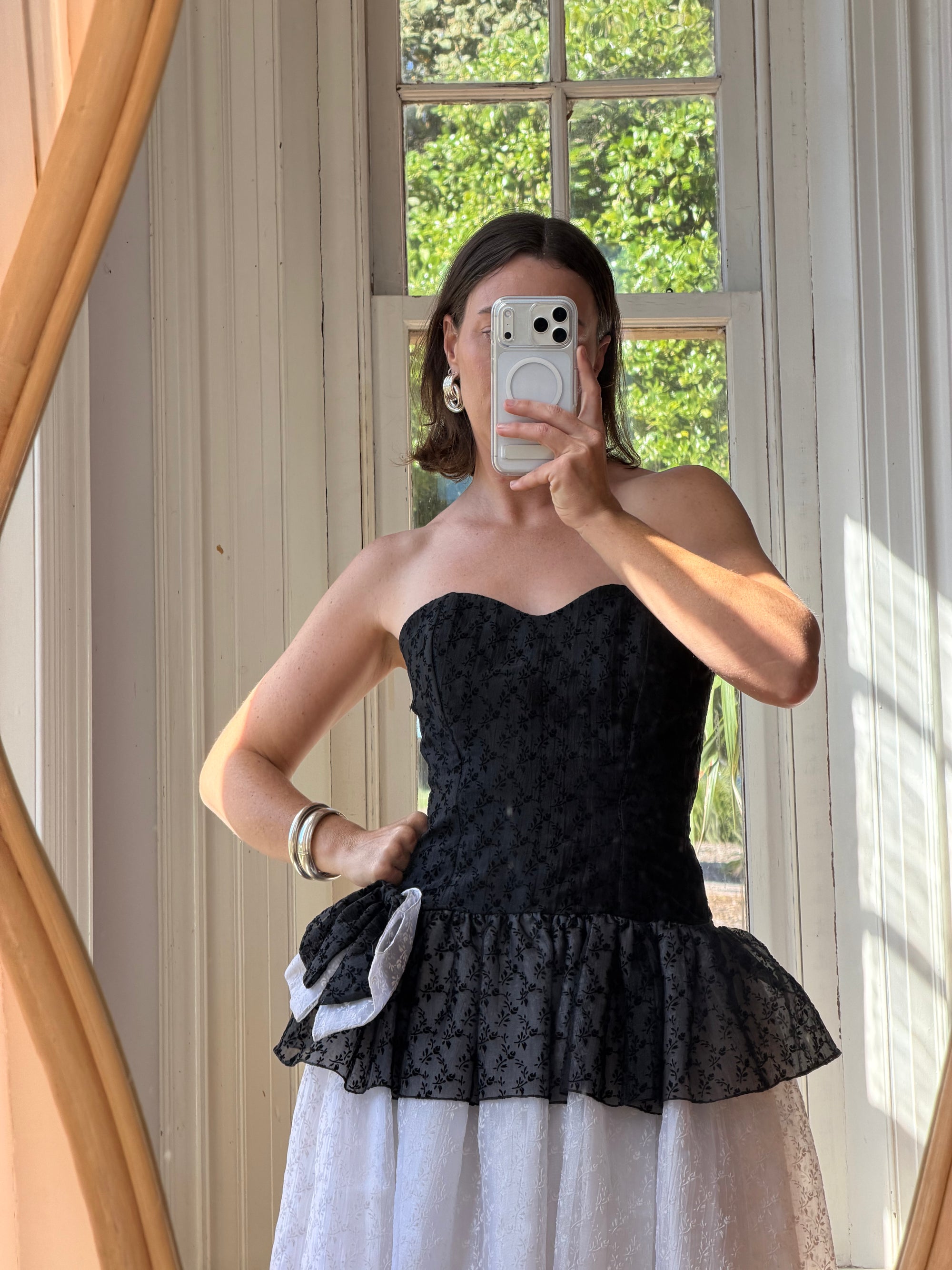 Vintage 80s Monochrome Drop Waist Bow Midi