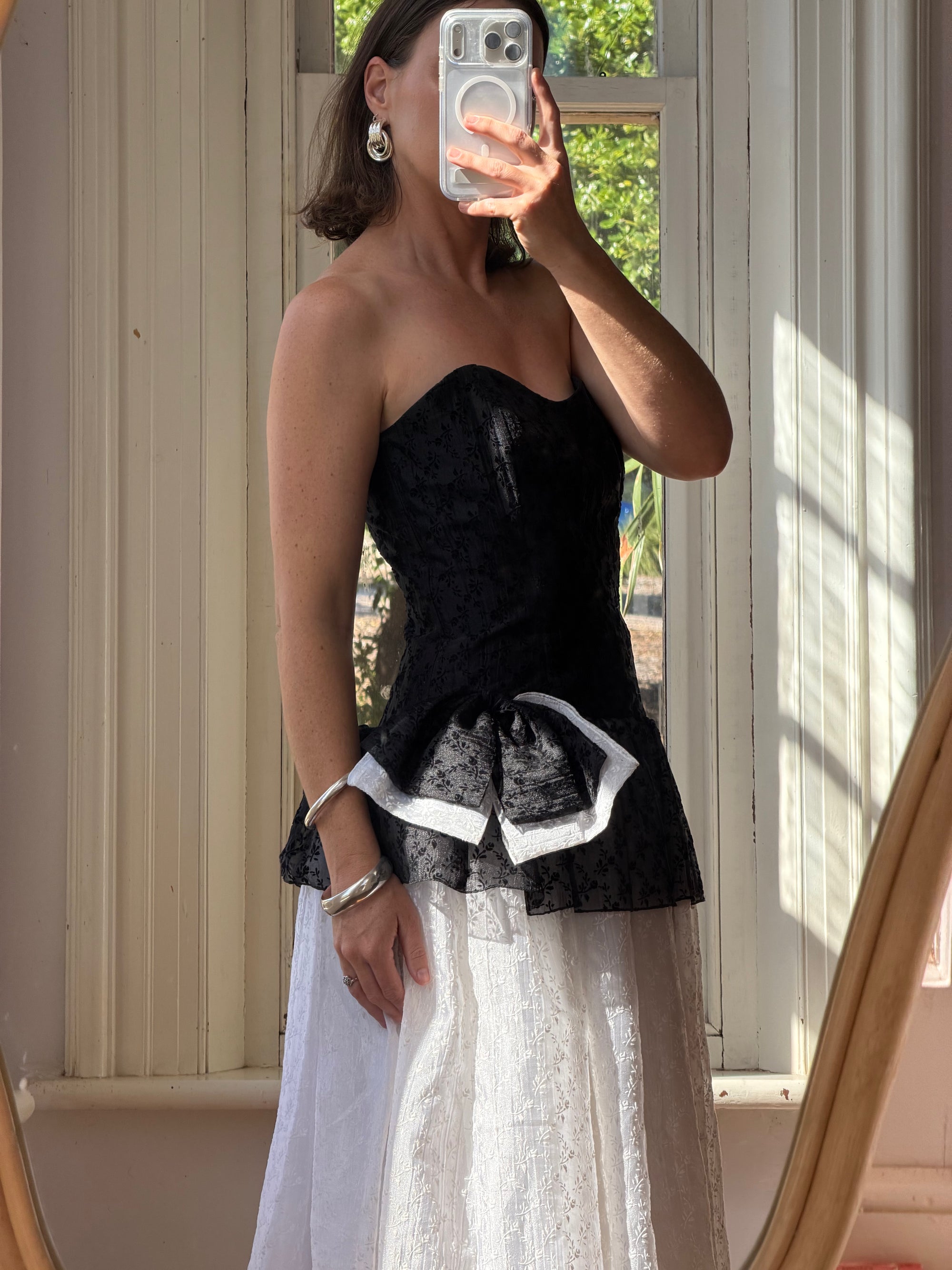 Vintage 80s Monochrome Drop Waist Bow Midi