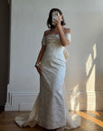 Vintage 90s Jacquard Lace Off Shoulder Wedding Gown with Bow and Train
