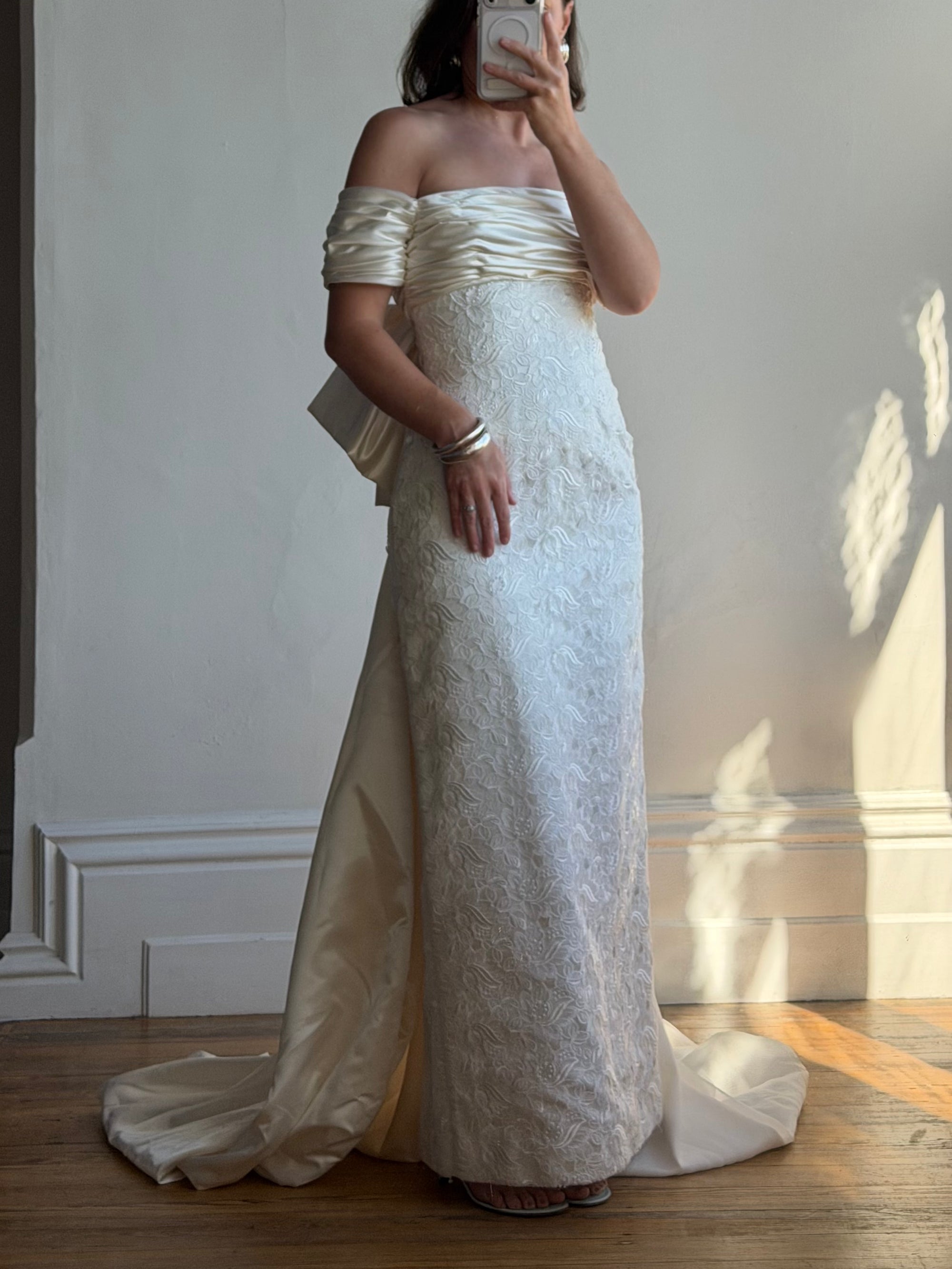 Vintage 90s Jacquard Lace Off Shoulder Wedding Gown with Bow and Train
