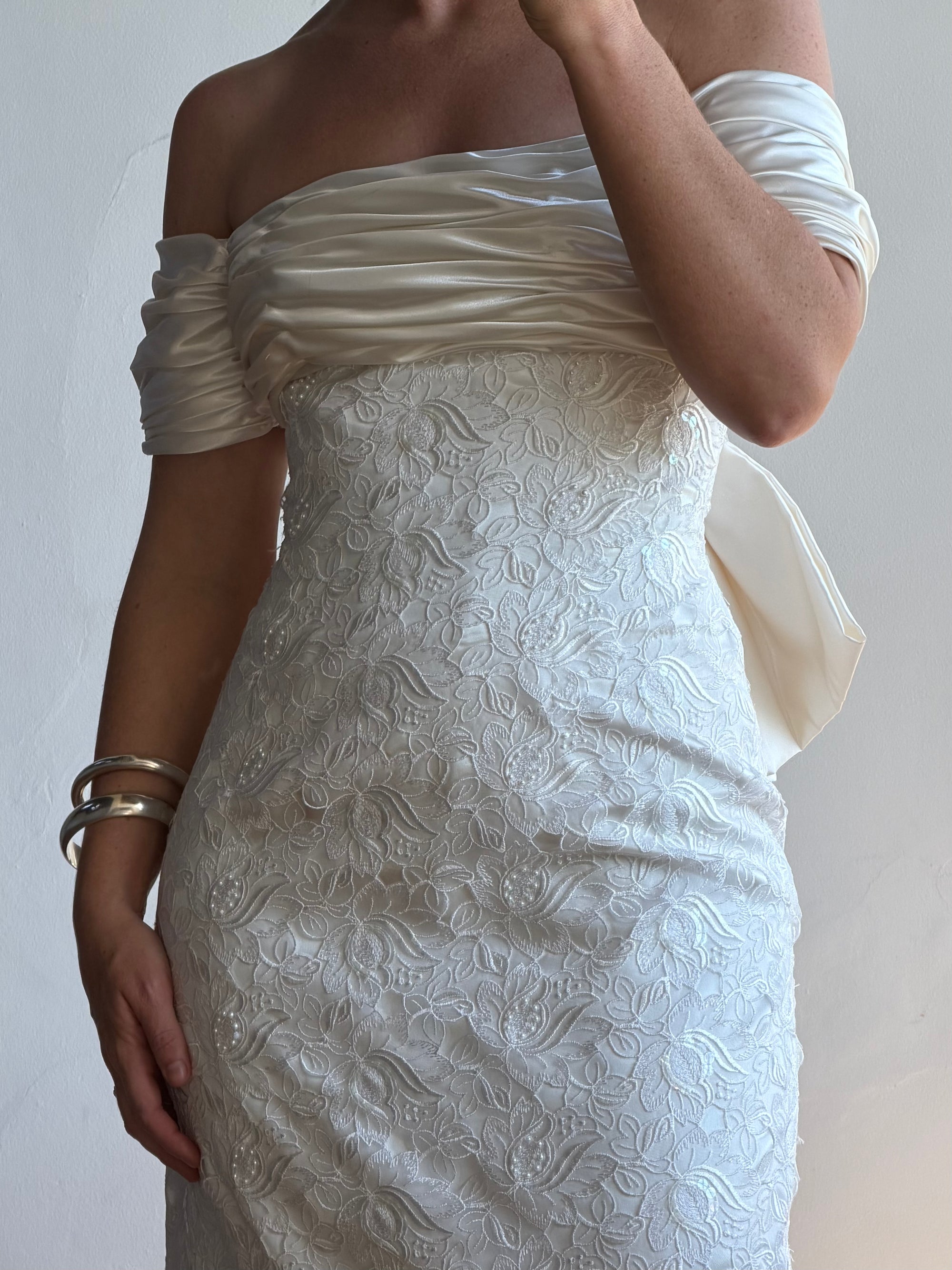 Vintage 90s Jacquard Lace Off Shoulder Wedding Gown with Bow and Train