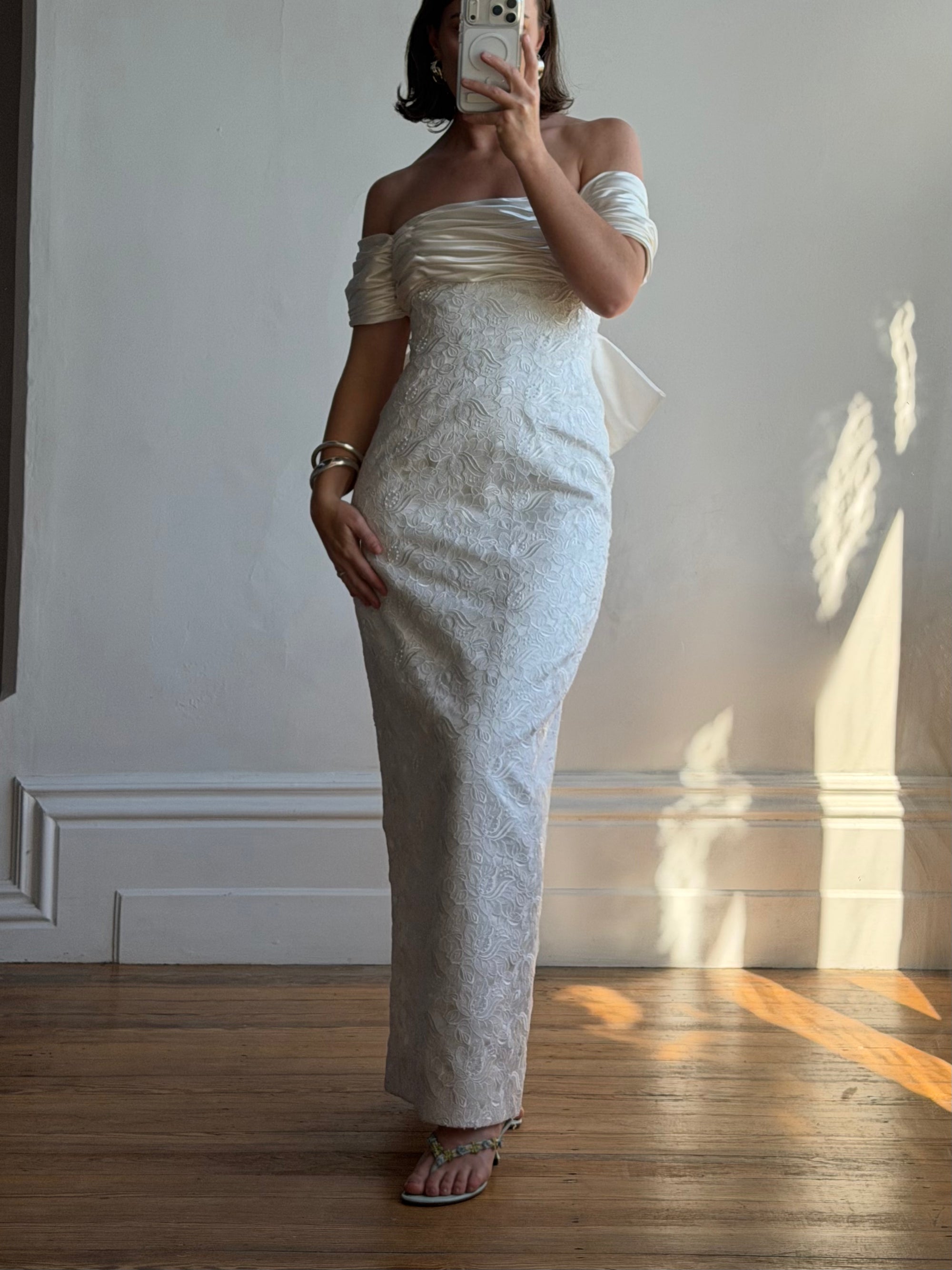 Vintage 90s Jacquard Lace Off Shoulder Wedding Gown with Bow and Train
