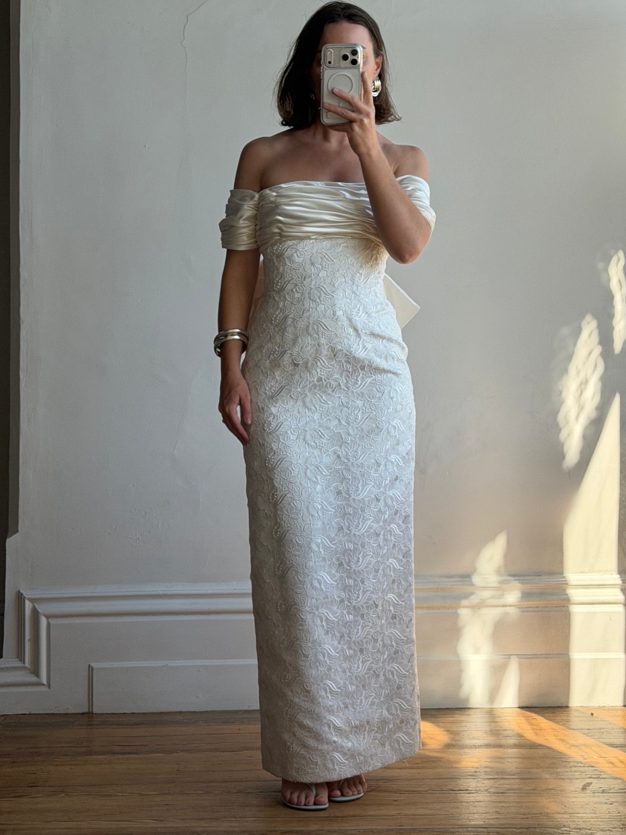 Vintage 90s Jacquard Lace Off Shoulder Wedding Gown with Bow and Train