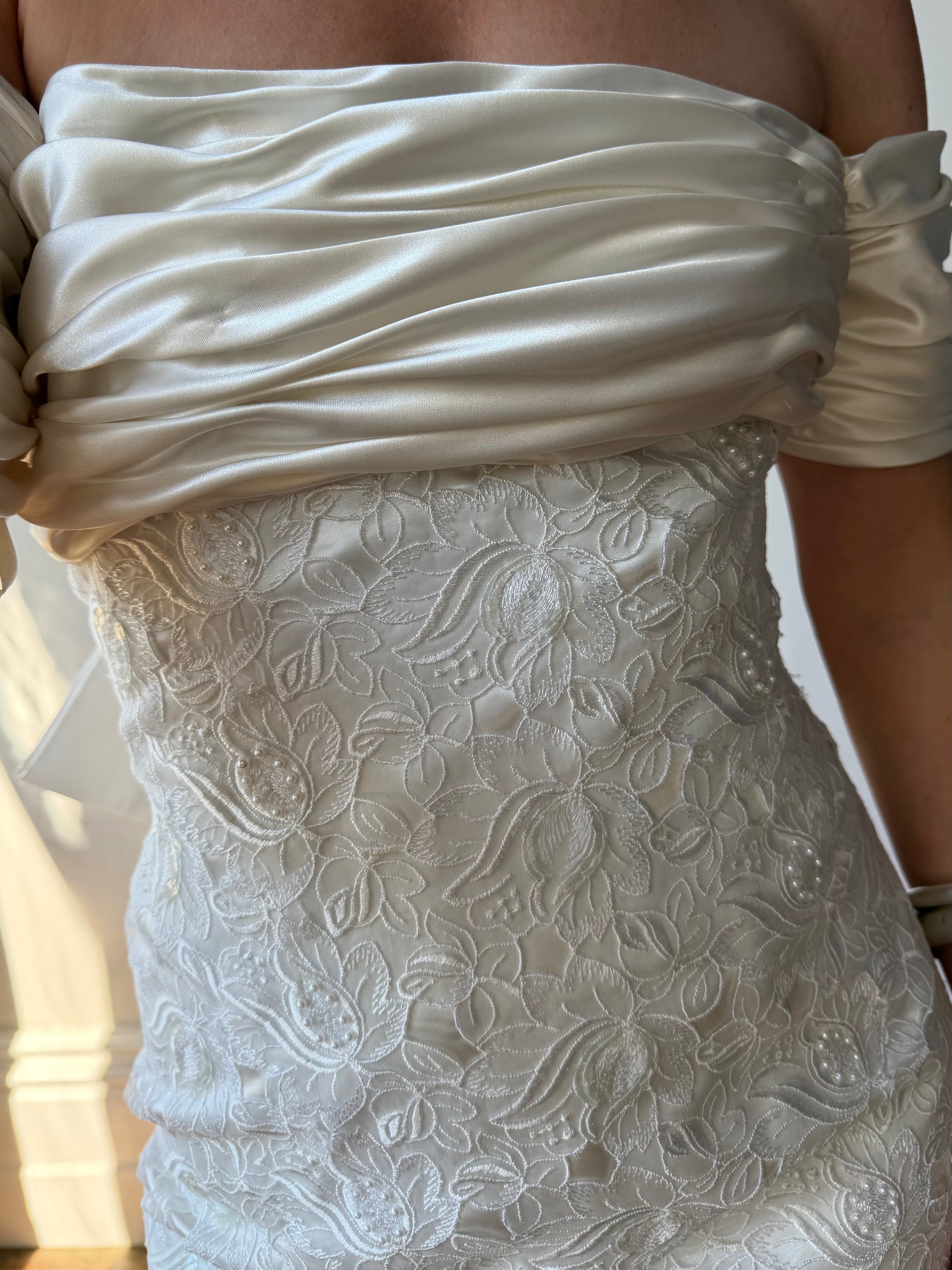 Vintage 90s Jacquard Lace Off Shoulder Wedding Gown with Bow and Train