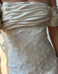 Vintage 90s Jacquard Lace Off Shoulder Wedding Gown with Bow and Train
