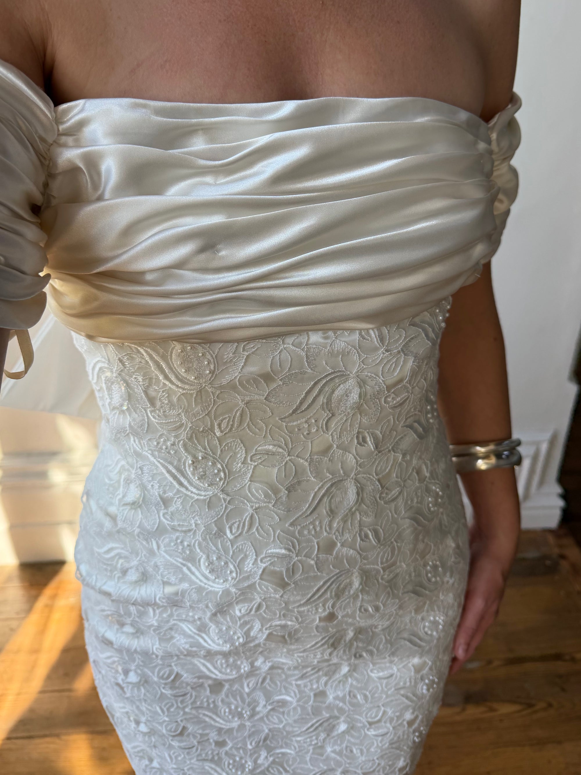 Vintage 90s Jacquard Lace Off Shoulder Wedding Gown with Bow and Train